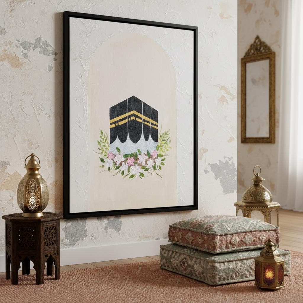 Kaaba Floral Art Print | Islamic Textured Painting, Black White Pink - image 4