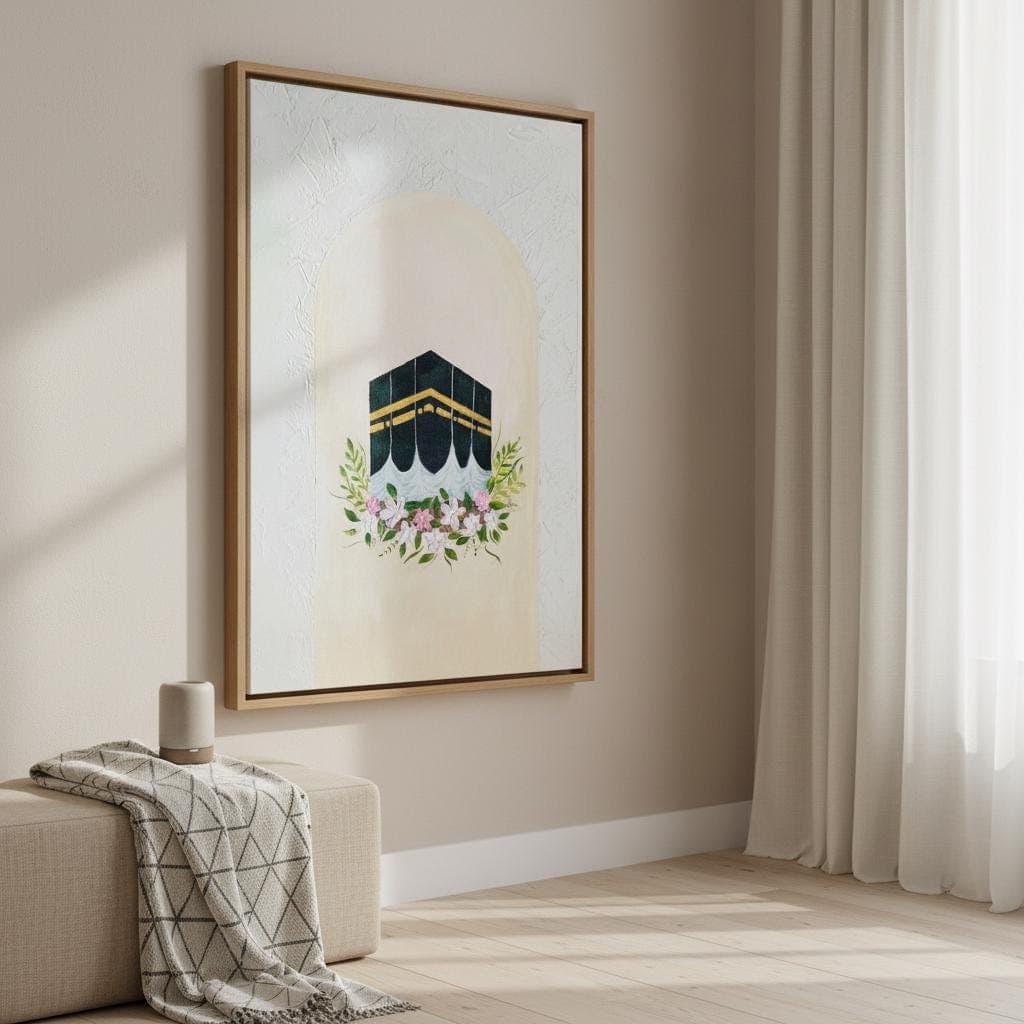 Kaaba Floral Art Print | Islamic Textured Painting, Black White Pink - image 5