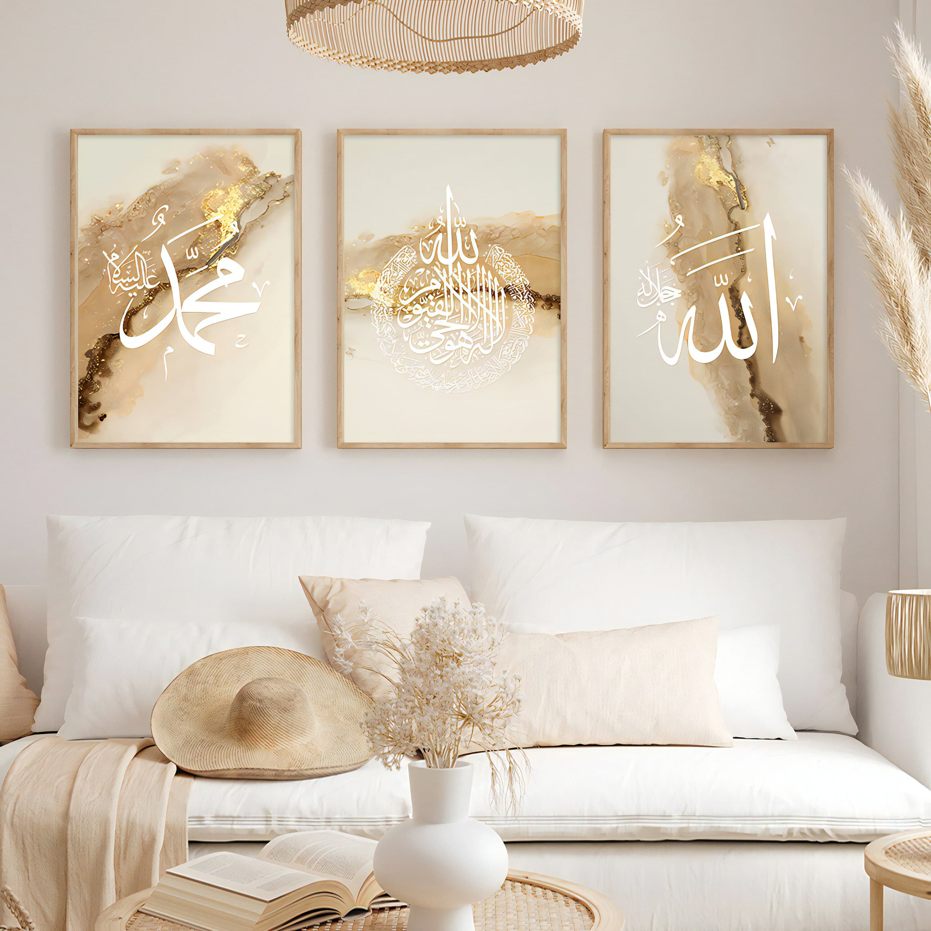 Contemporary Islamic Home Decor Showcase
Ayatul Kursi Allah Muhammad Painting Set Examples
Abstract Gold Islamic Calligraphy Art Showcase