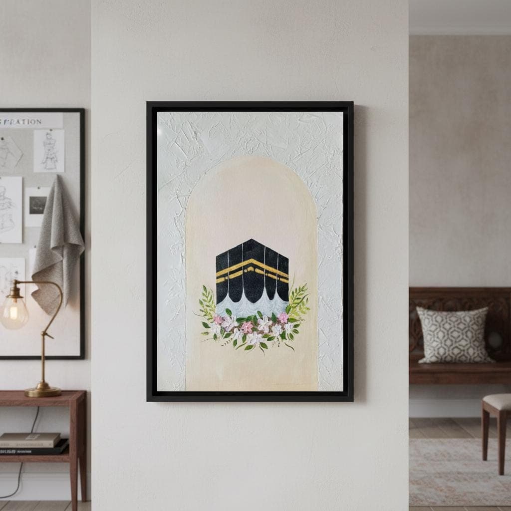 Kaaba Floral Art Print | Islamic Textured Painting, Black White Pink