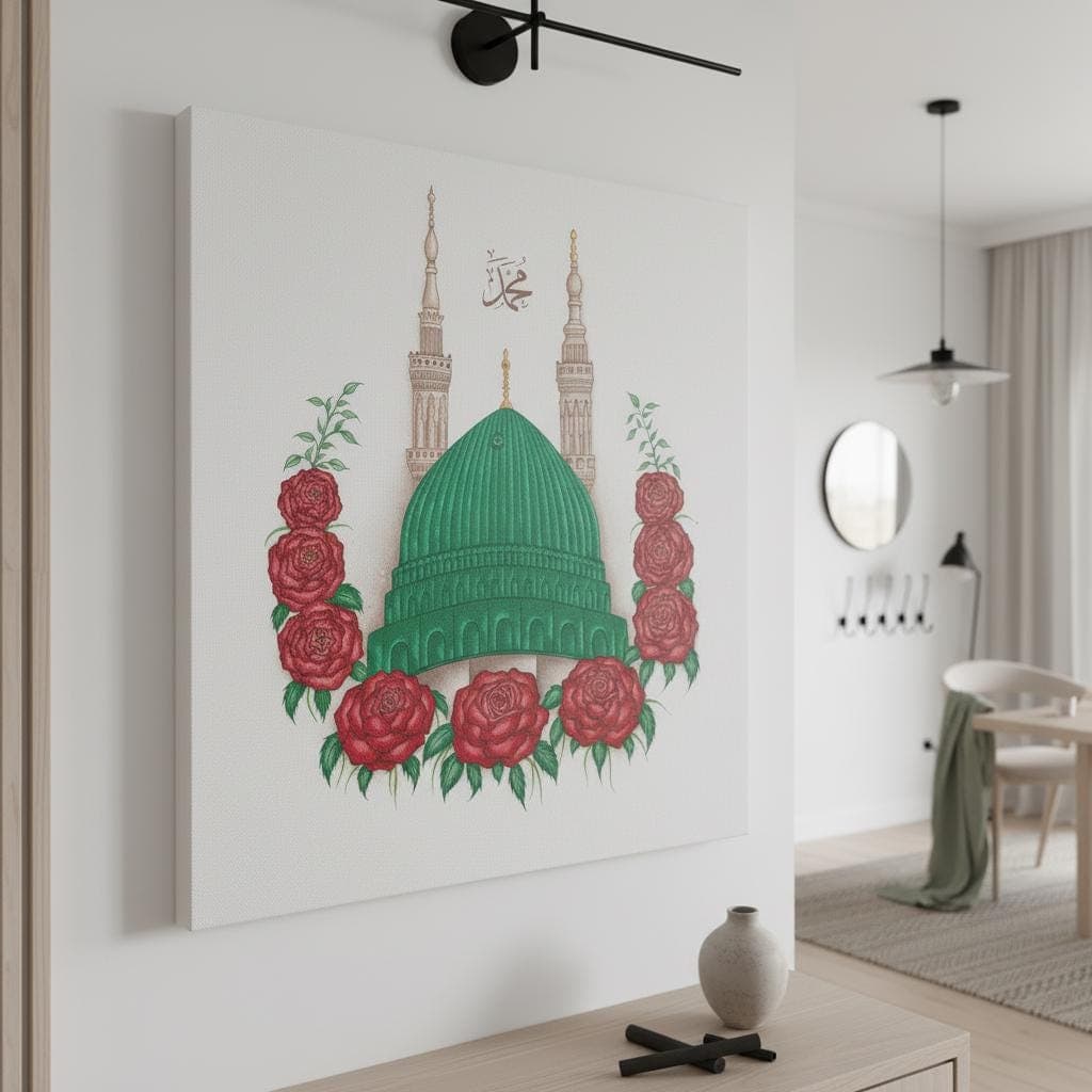 Prophet's Mosque Print: Islamic Art with Red Roses & Arabic Calligraphy - image 4
