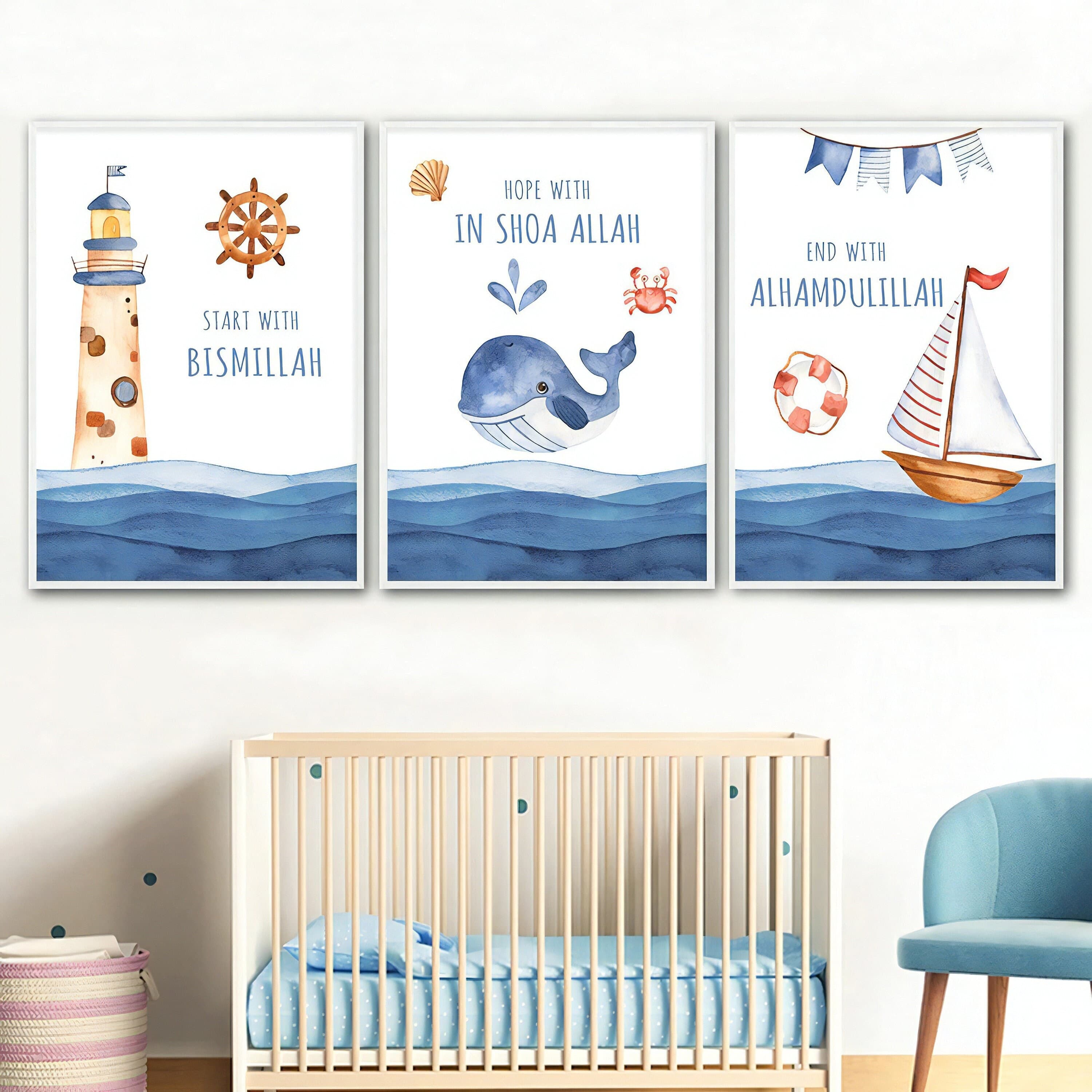 Islamic Nursery Art Prints (Set of 3) | Bismillah, Whale, Ocean Theme (Digital Download)