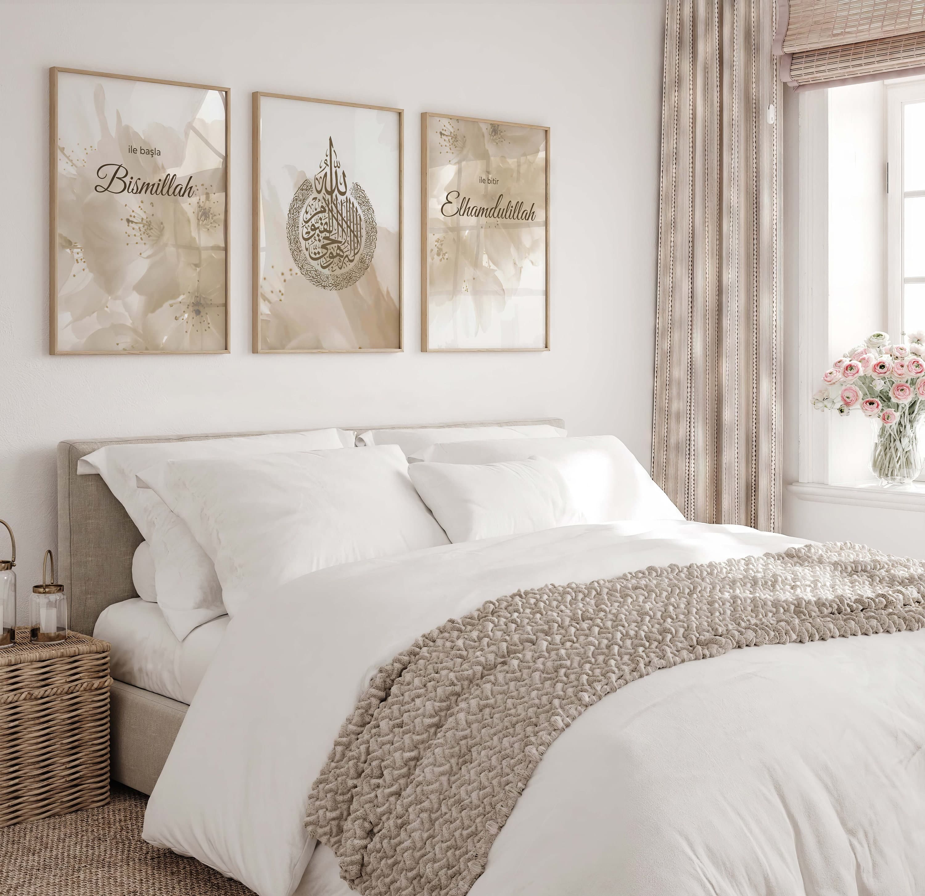 This downloadable Islamic art print set showcases a collection of mesmerizing abstract designs incorporating elegant Arabic calligraphy, perfect for a modern Islamic home