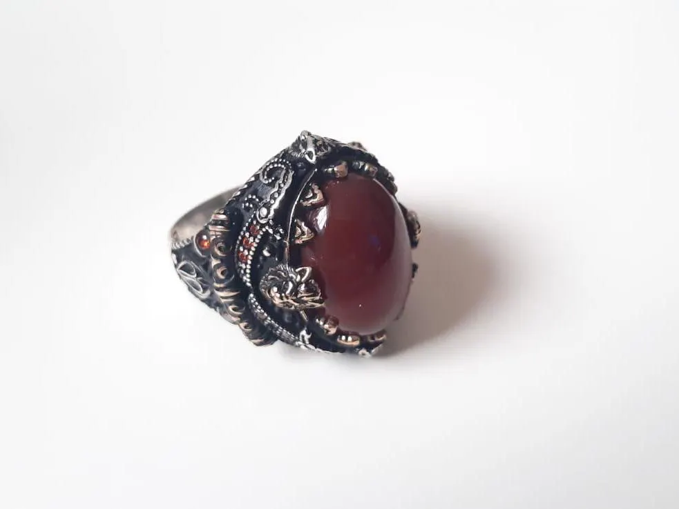 Handmade 925 Sterling Silver Men's Ring: Red Agate Aqeeq Stone, Roman Style - image 4