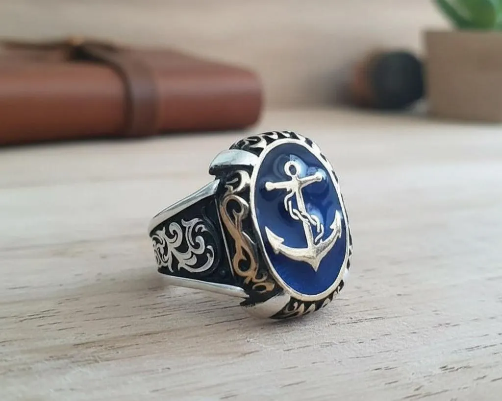 Oxidized Sterling Silver Anchor Ring, Blue Enamel, Nautical Jewelry