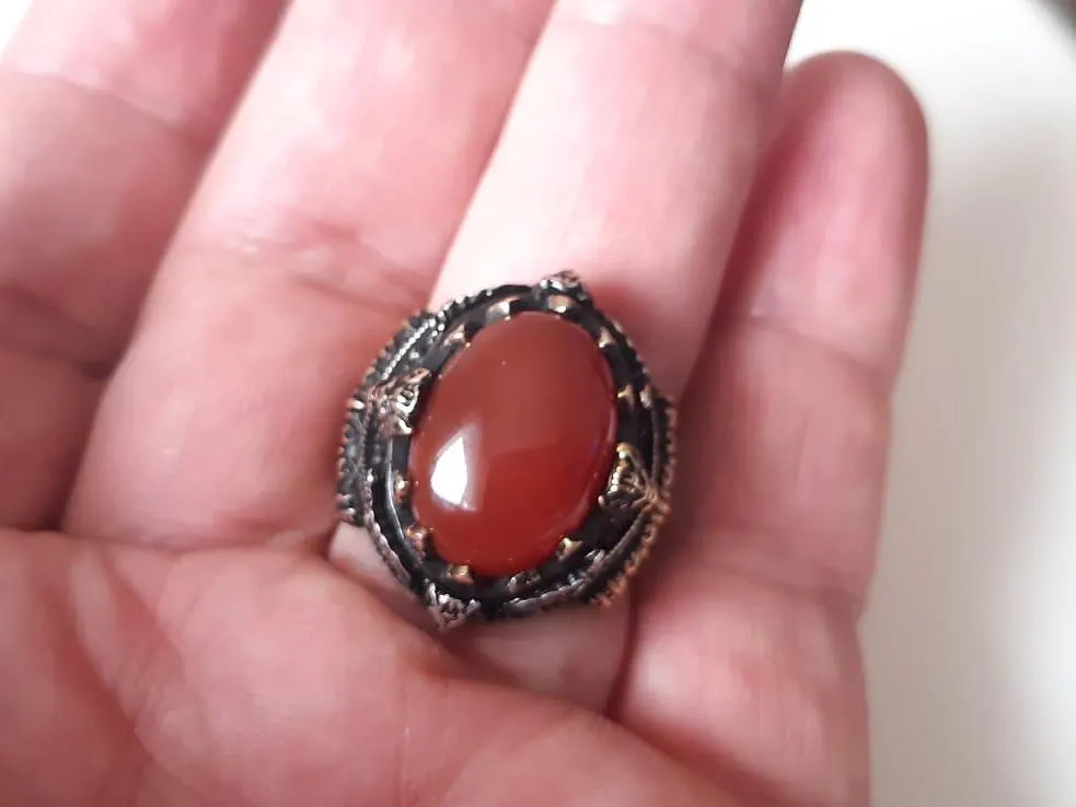 Handmade 925 Sterling Silver Men's Ring: Red Agate Aqeeq Stone, Roman Style - image 5