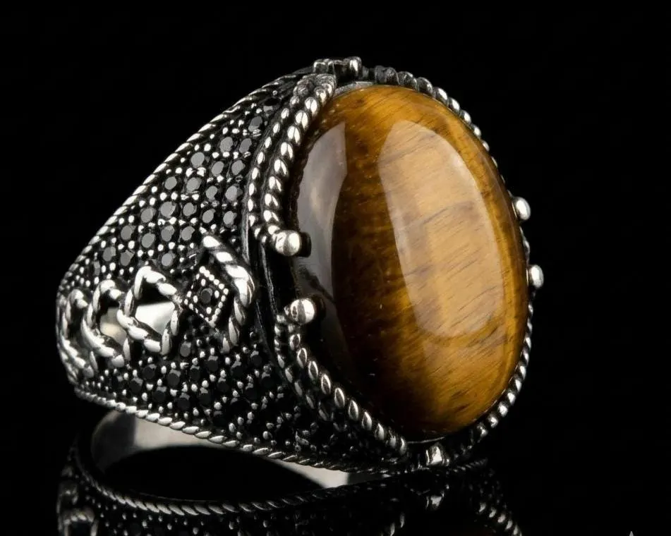 Handmade Tiger Eye Sterling Silver Ring, Turkish Ottoman Style