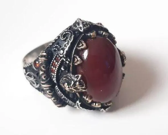 Handmade 925 Sterling Silver Men's Ring: Red Agate Aqeeq Stone, Roman Style - image 2