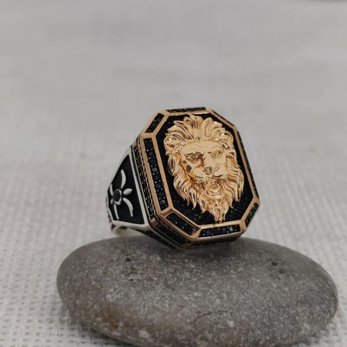 925 Sterling Silver Lion Signet Ring, Gold-Plated Detail - image 2