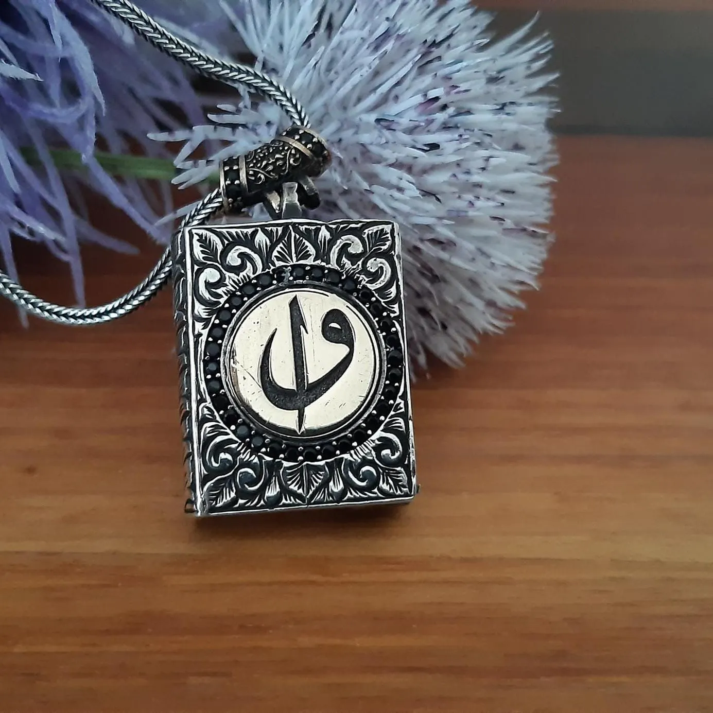 Sterling Silver Arabic Calligraphy Necklace, Elif Vav Book Pendant