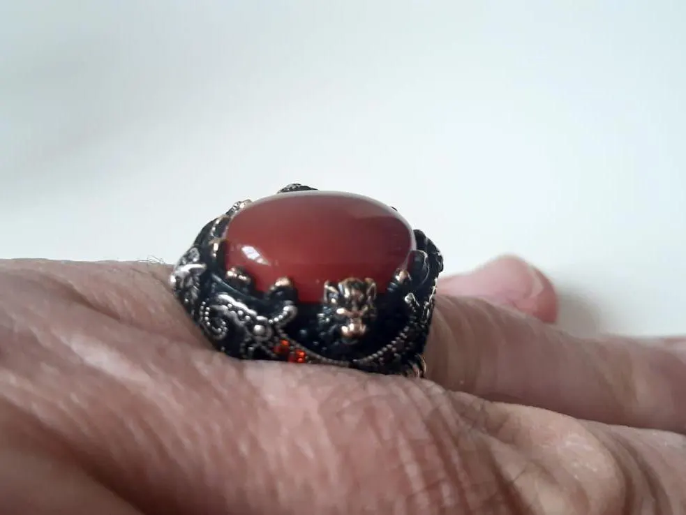 Handmade 925 Sterling Silver Men's Ring: Red Agate Aqeeq Stone, Roman Style