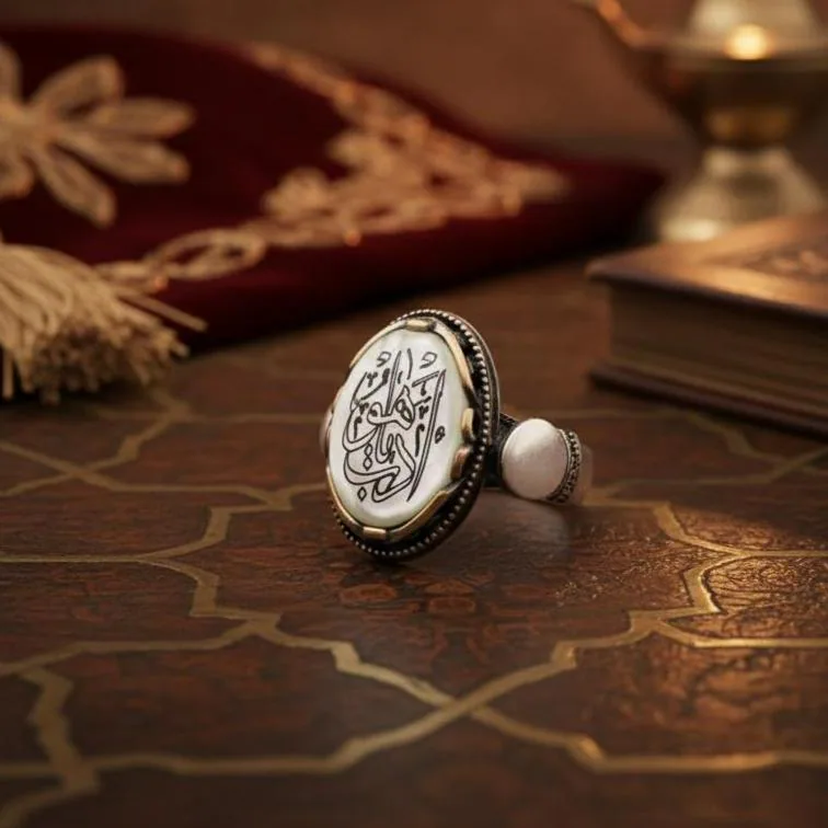 Sterling Silver Islamic Calligraphy Ring, Oval Stone, Handmade Ottoman Turkish Jewelry