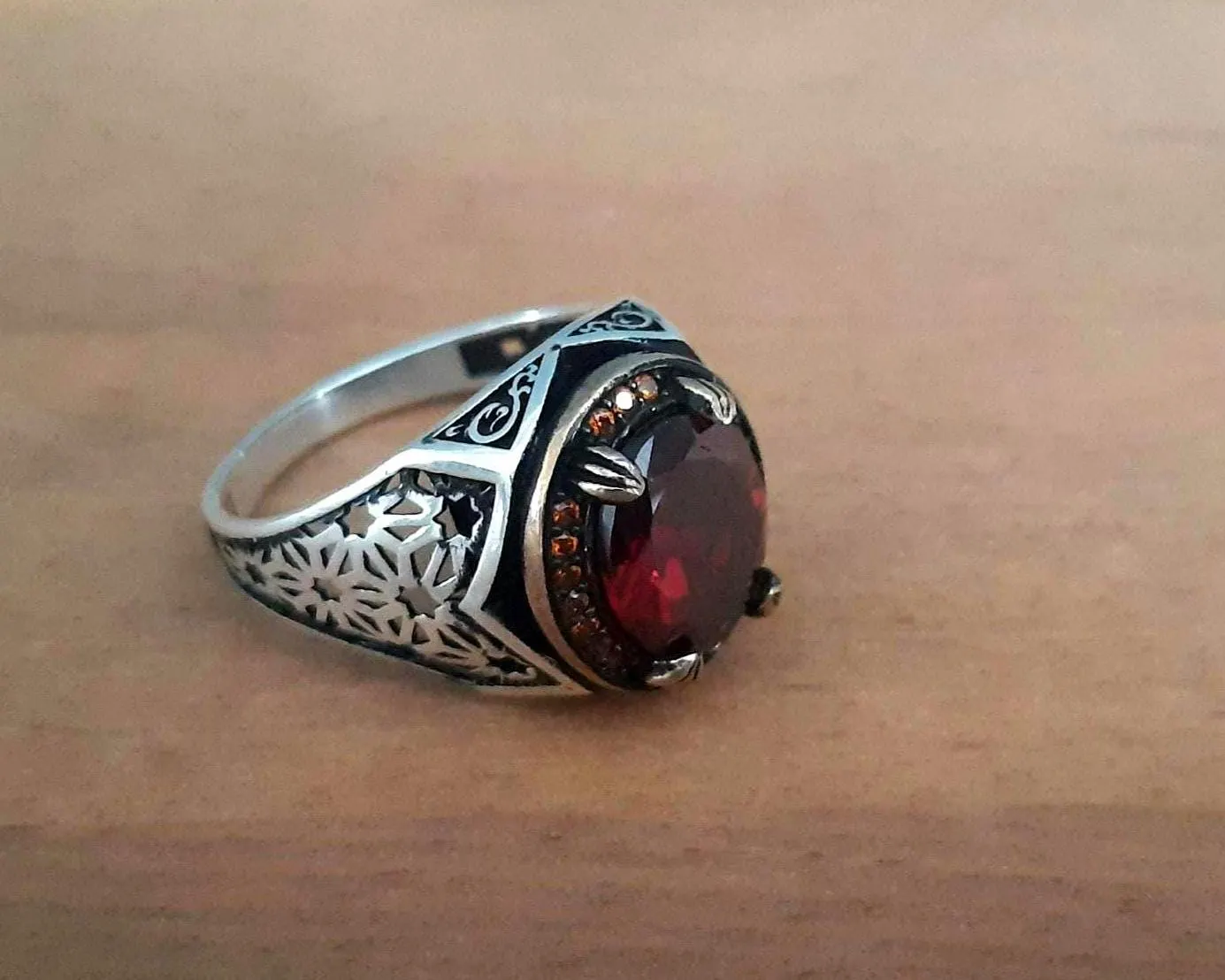 Handmade 925 Sterling Silver Garnet Gemstone Ring, Men's Dragon Ring
