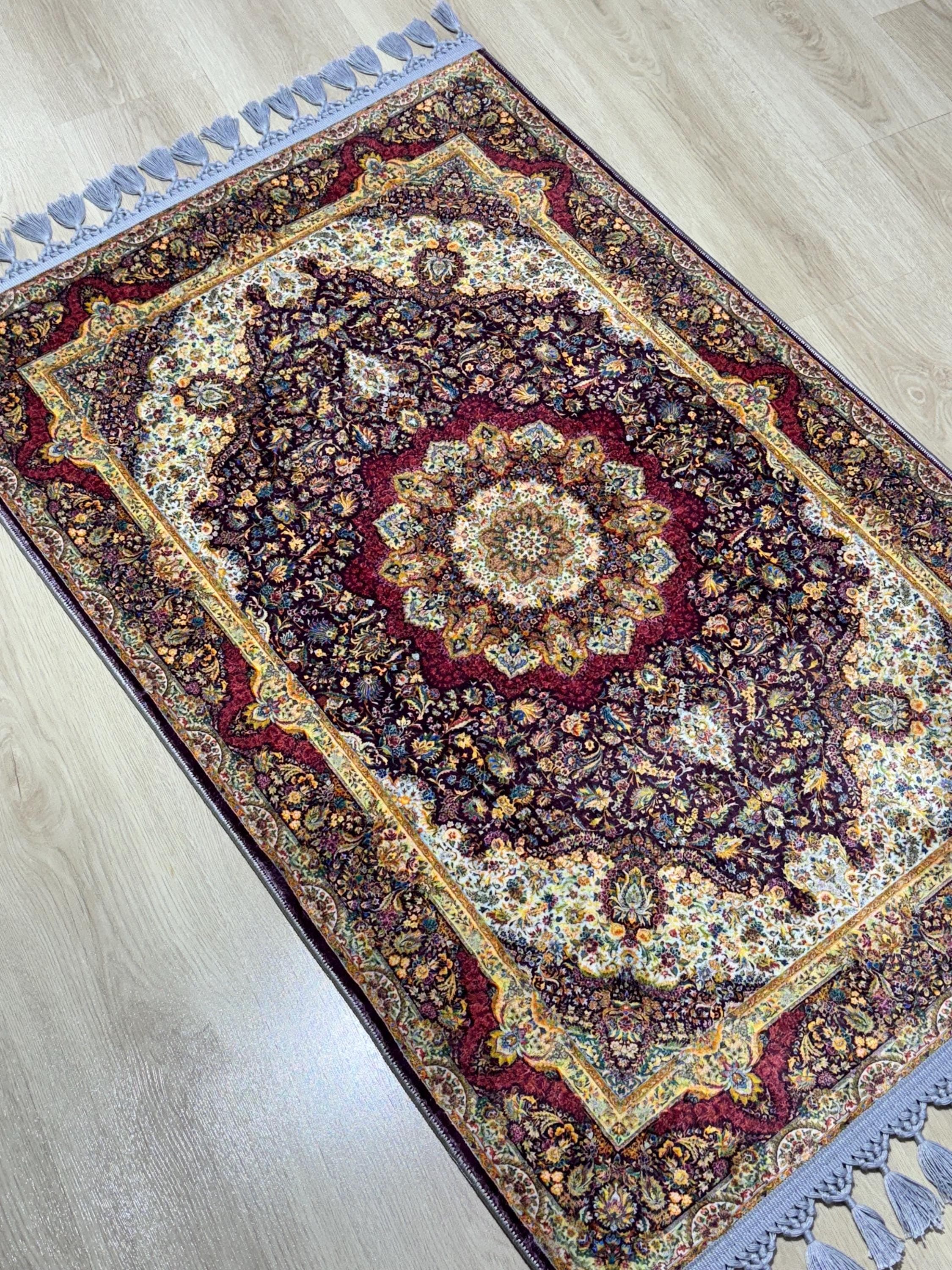Red Medallion Prayer Rug, Silk-Touch Carpet, Non-Slip Sejadah