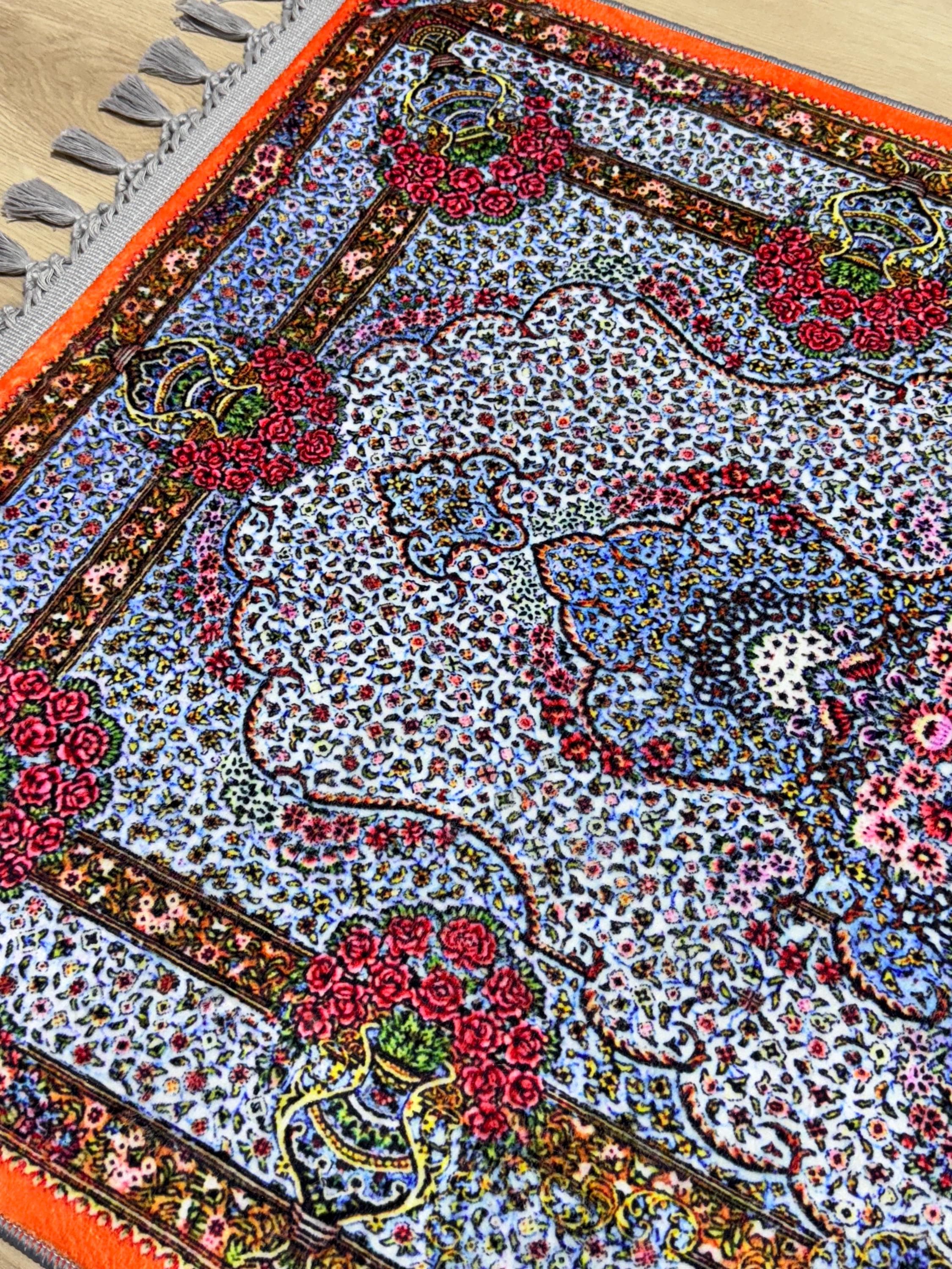 Orange Floral Prayer Rug , Turkish Persian Style, Soft Carpet - Ottoman Mat - Ramadan Salah - Janamaz - image 5