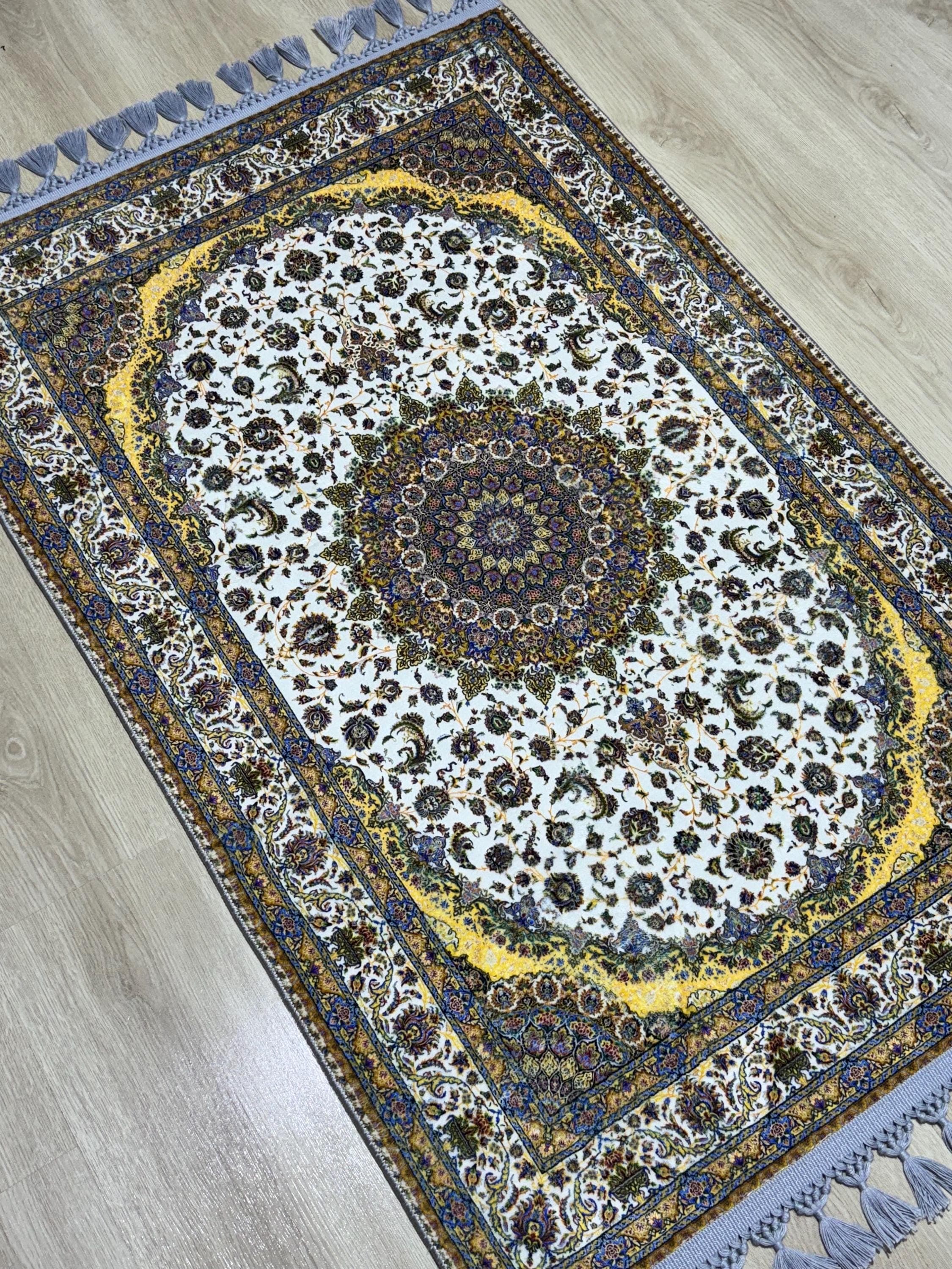 Brown Green Prayer Rug , Classic Medallion, Soft Silk-Touch Carpet, Non-Slip , Sejadah , Janamaz