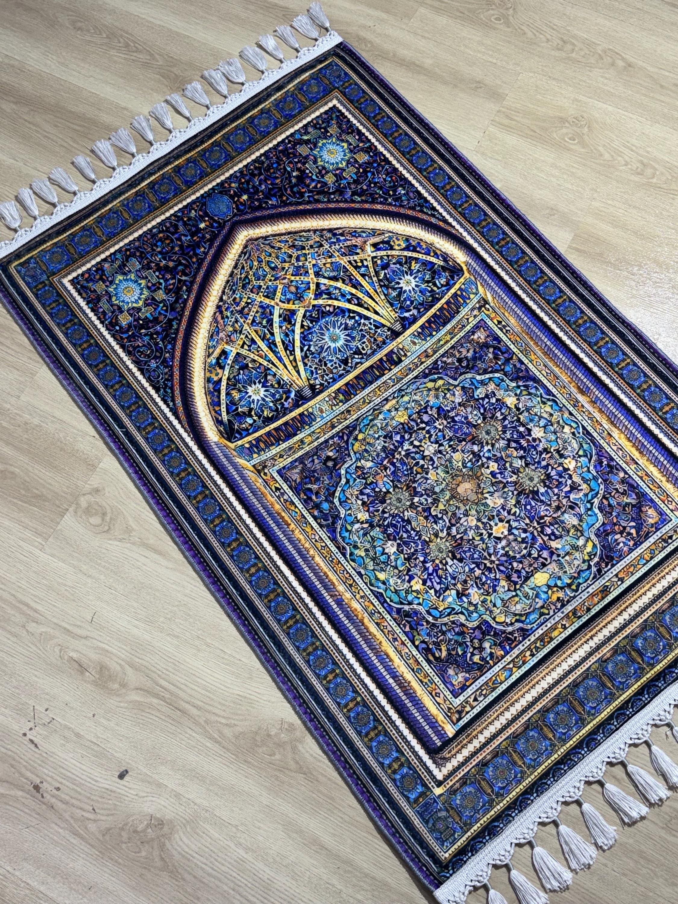 Blue Islamic Prayer Rug Turkish Mosque Design, Muslim Ramadan Gift