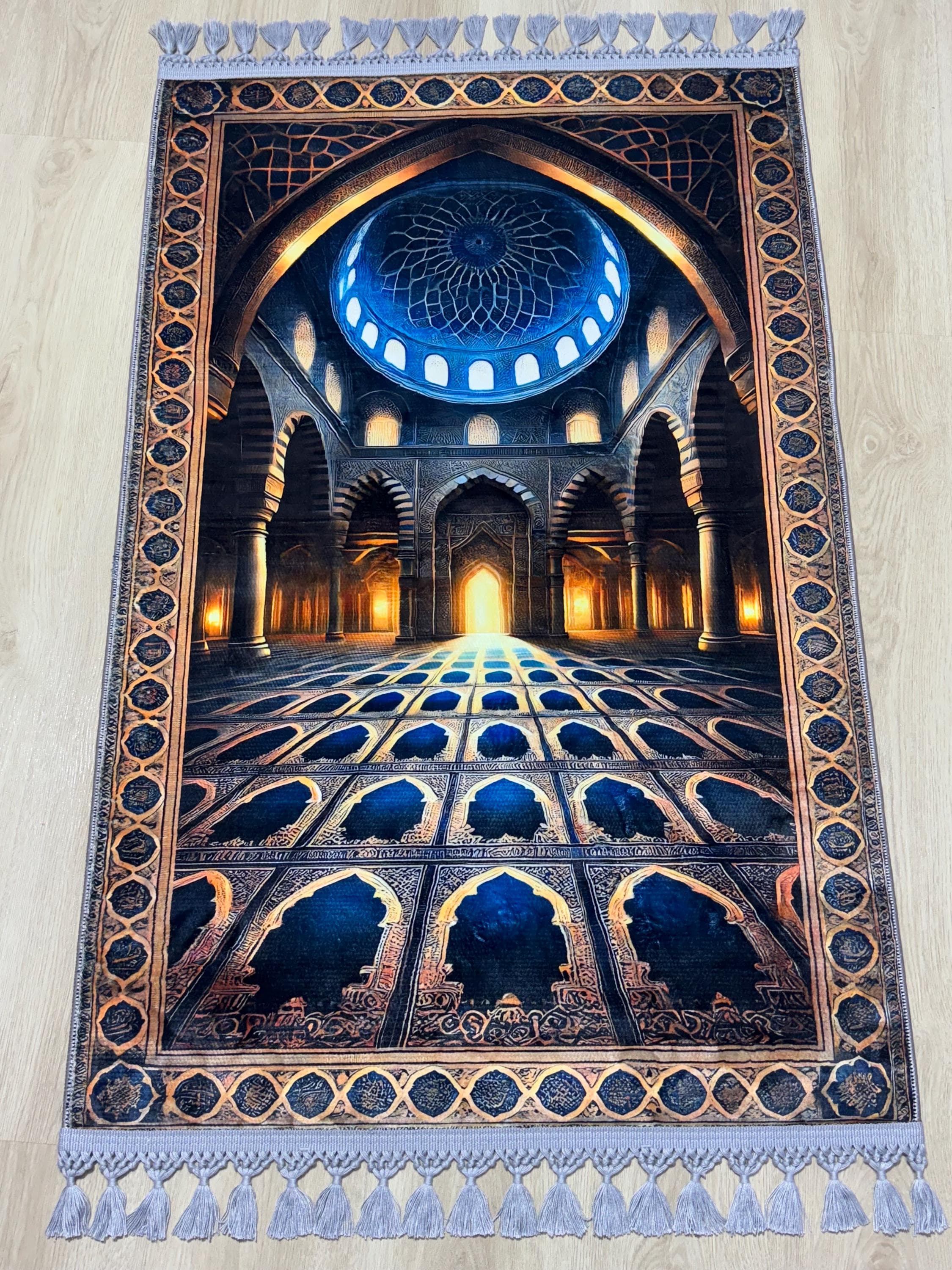 Blue Islamic Prayer Rug Turkish Mosque Design, Muslim Ramadan Gift