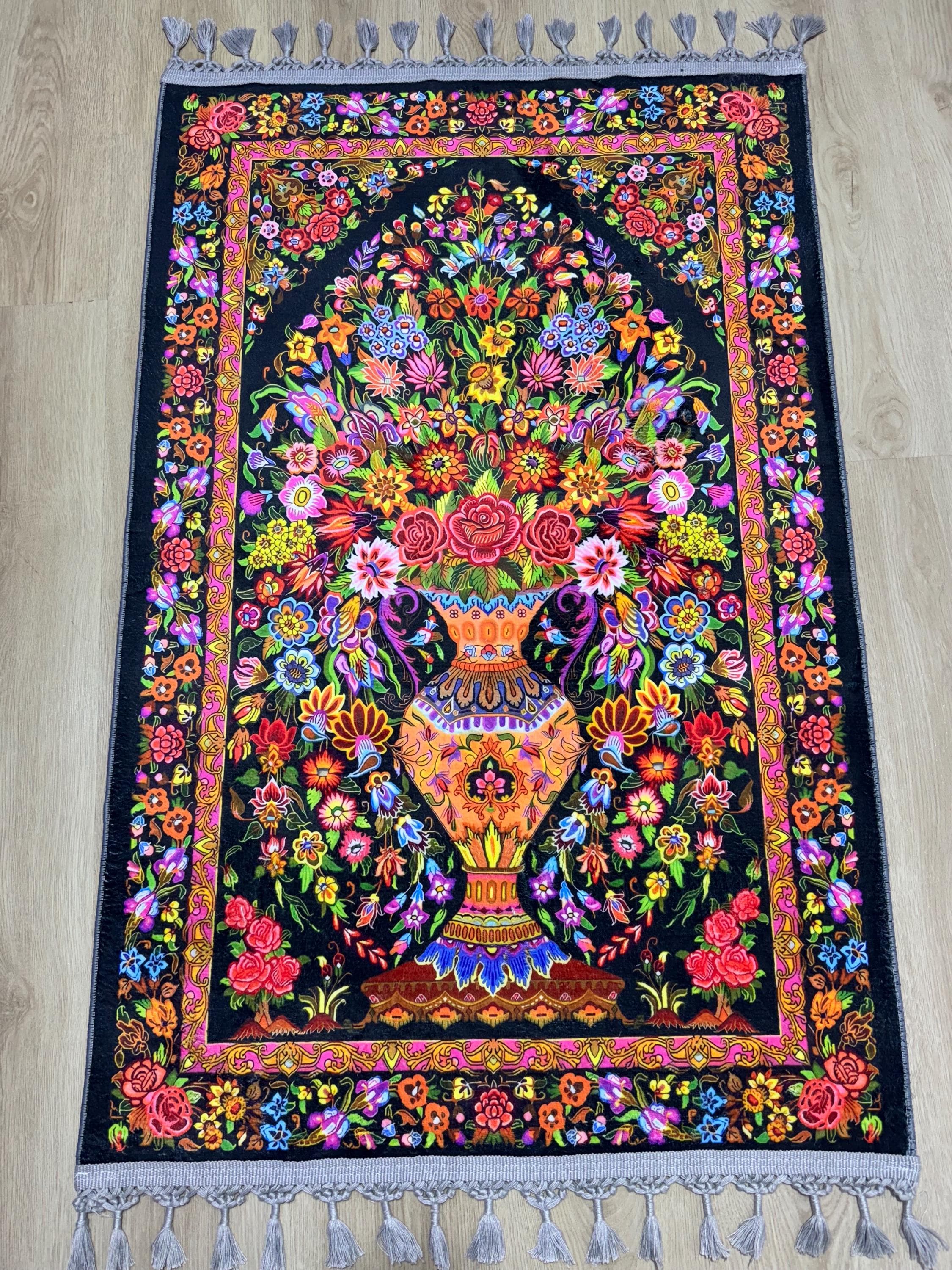 Floral Velvet Turkish Prayer Rug , islamic Sajadah Janamaz Mat -Ramadan Gift- Gebetsteppich - image 4