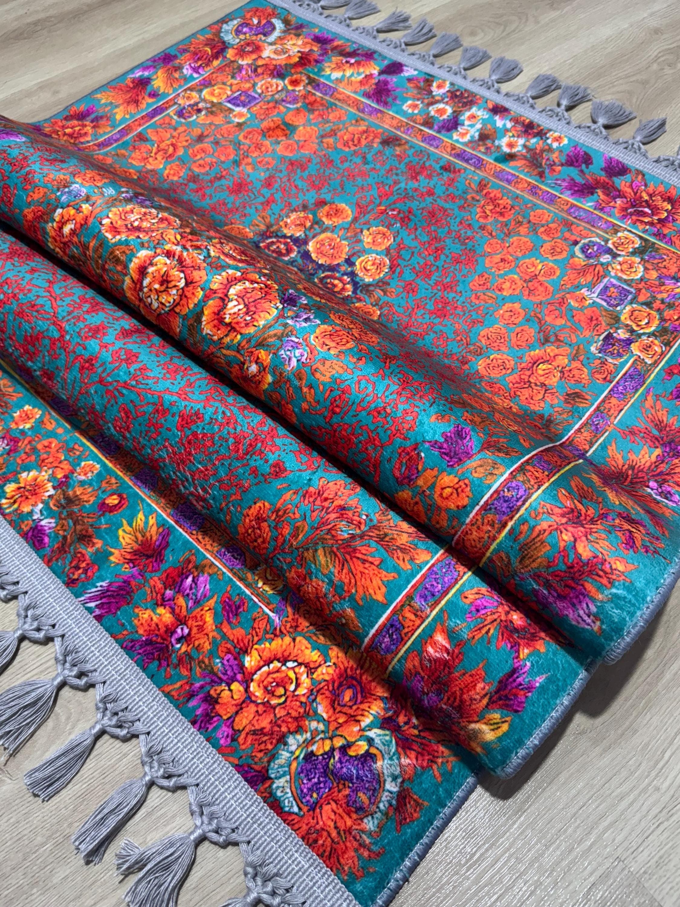 Floral Muslim Prayer Rug , Soft Janamaz Mat with Mihrap Design - Turkish Ottoman Carpet - Ramadan - image 5