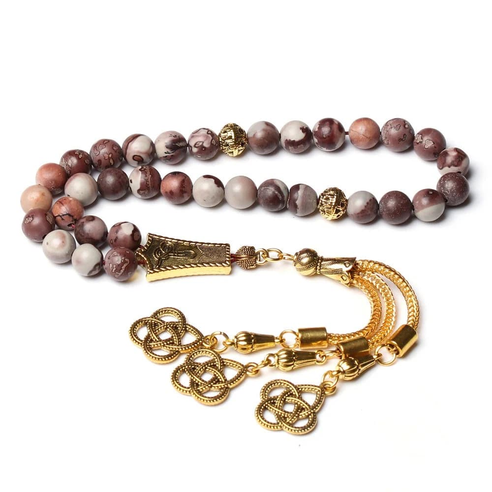Moroccan Mud Stone Tasbih: Islamic Prayer Beads with Gold Tassels