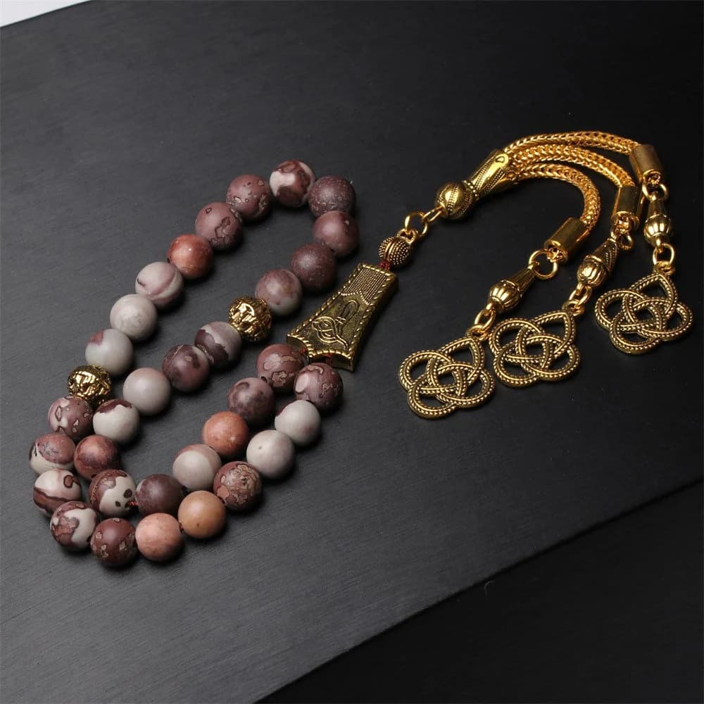 Moroccan Mud Stone Tasbih: Islamic Prayer Beads with Gold Tassels - image 3