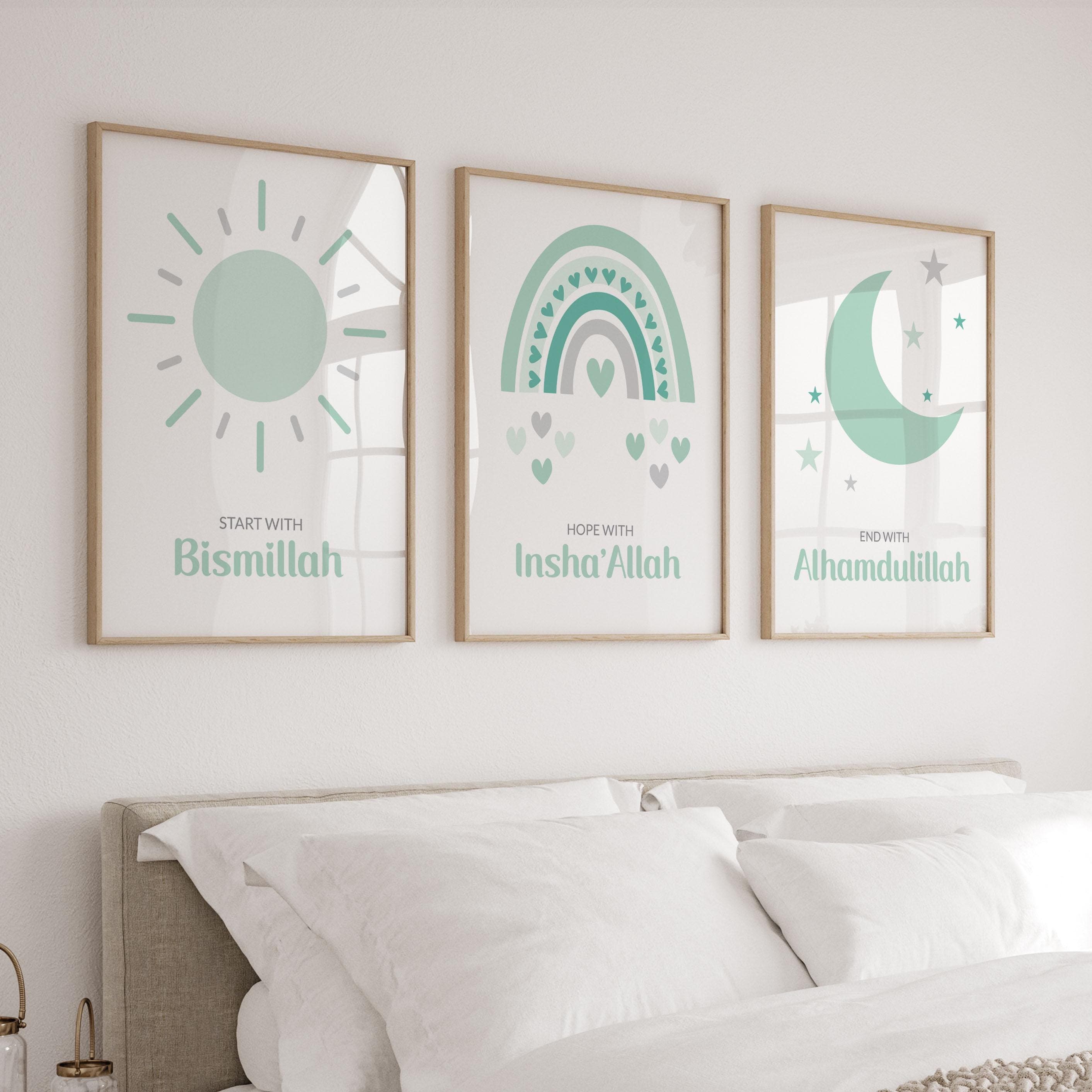 Set of 3 Printable Islamic Wall Art for Children, Muslim Nursery Decor Mint Green, Islam Posters & Prints Kids, Eid Gift, Digital Download - image 3