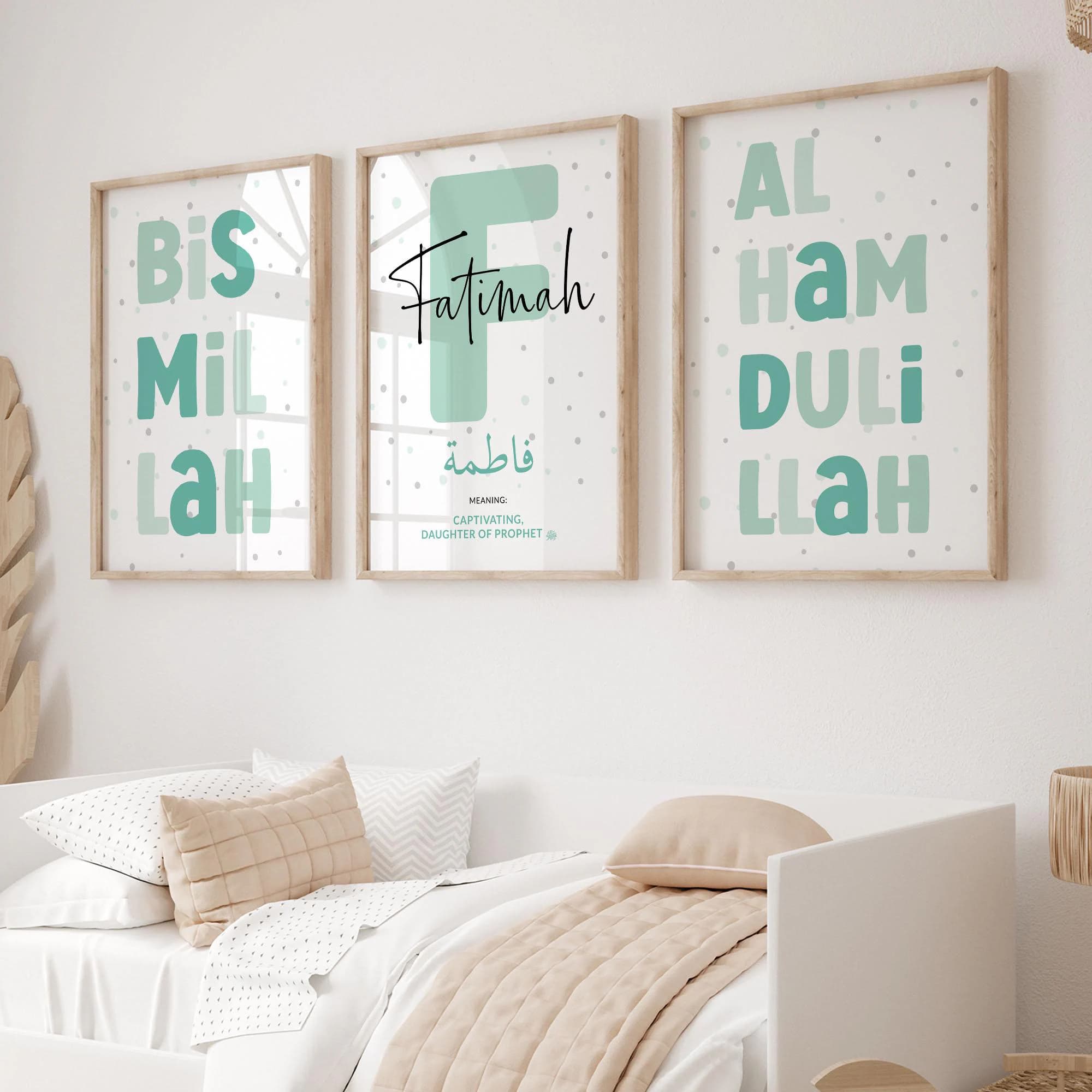 Set of 3 Islamic Wall Art Children DIGIAL DOWNLOAD, Personalised Eid Gifts Kids, Printable Mint Green Muslim Posters for Girls Room Nursery - image 4