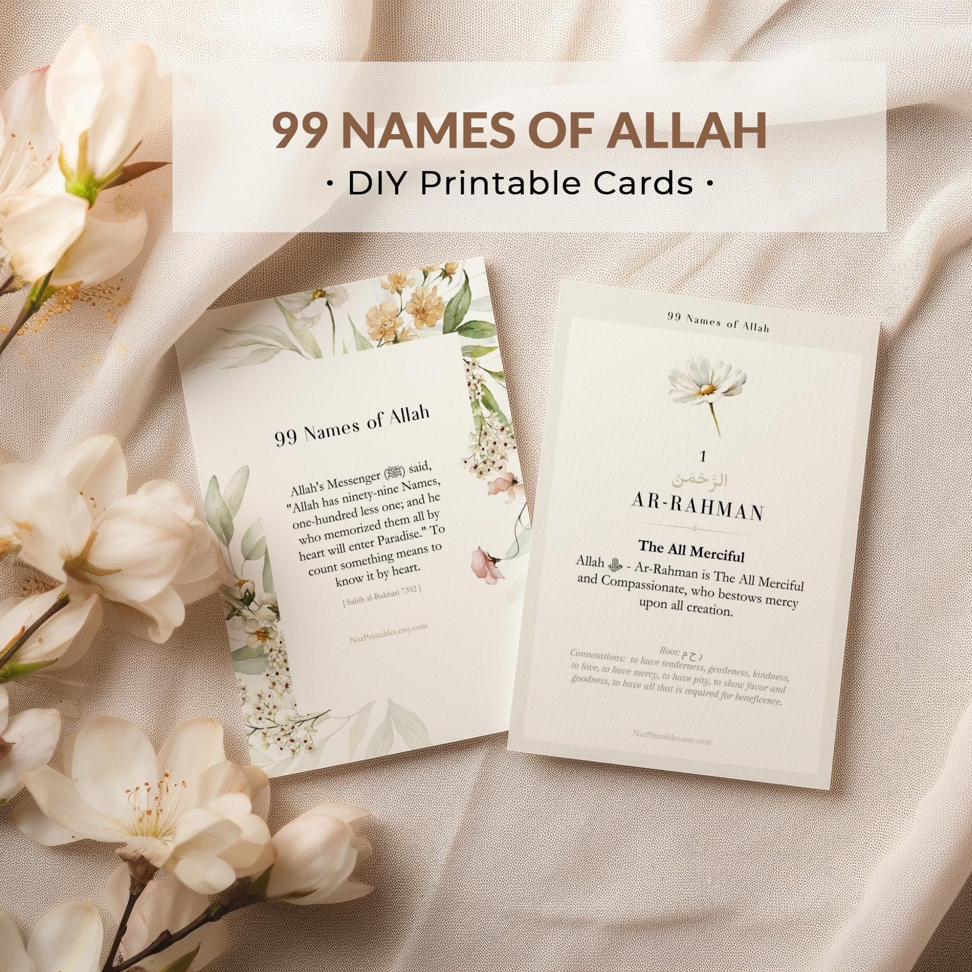 Islamic Printable Flash Cards - 99 Names of Allah Al Asma Ul Husna | Downloadable & DIY | Digital Download Islamic Learning, Islamic Gifts