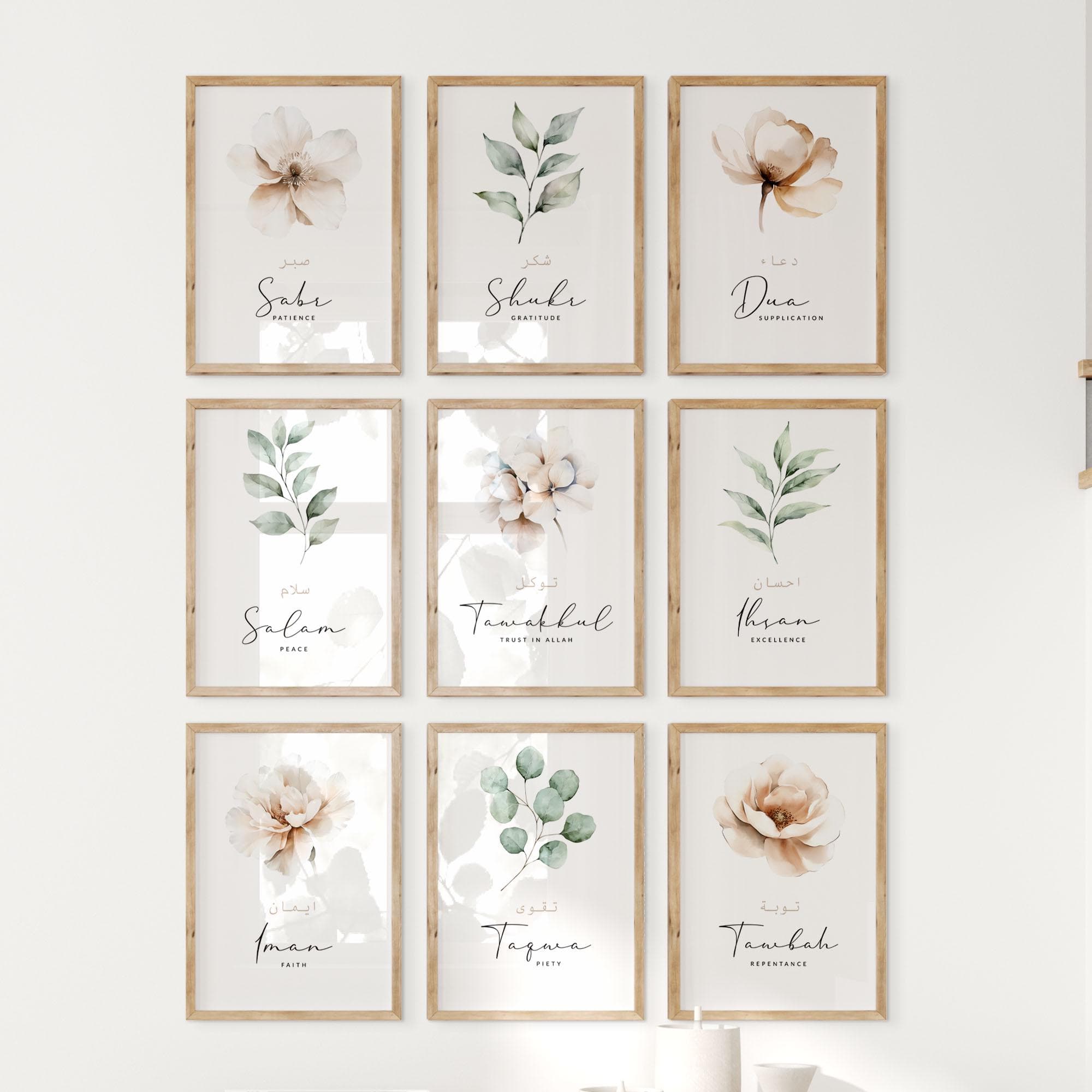 Islamic Digital Gallery Wall Art, Set of 9 Printable Muslim Posters and Prints Sage Green, Inspirational Islamic Gifts Sabr Shukr Tawakkul