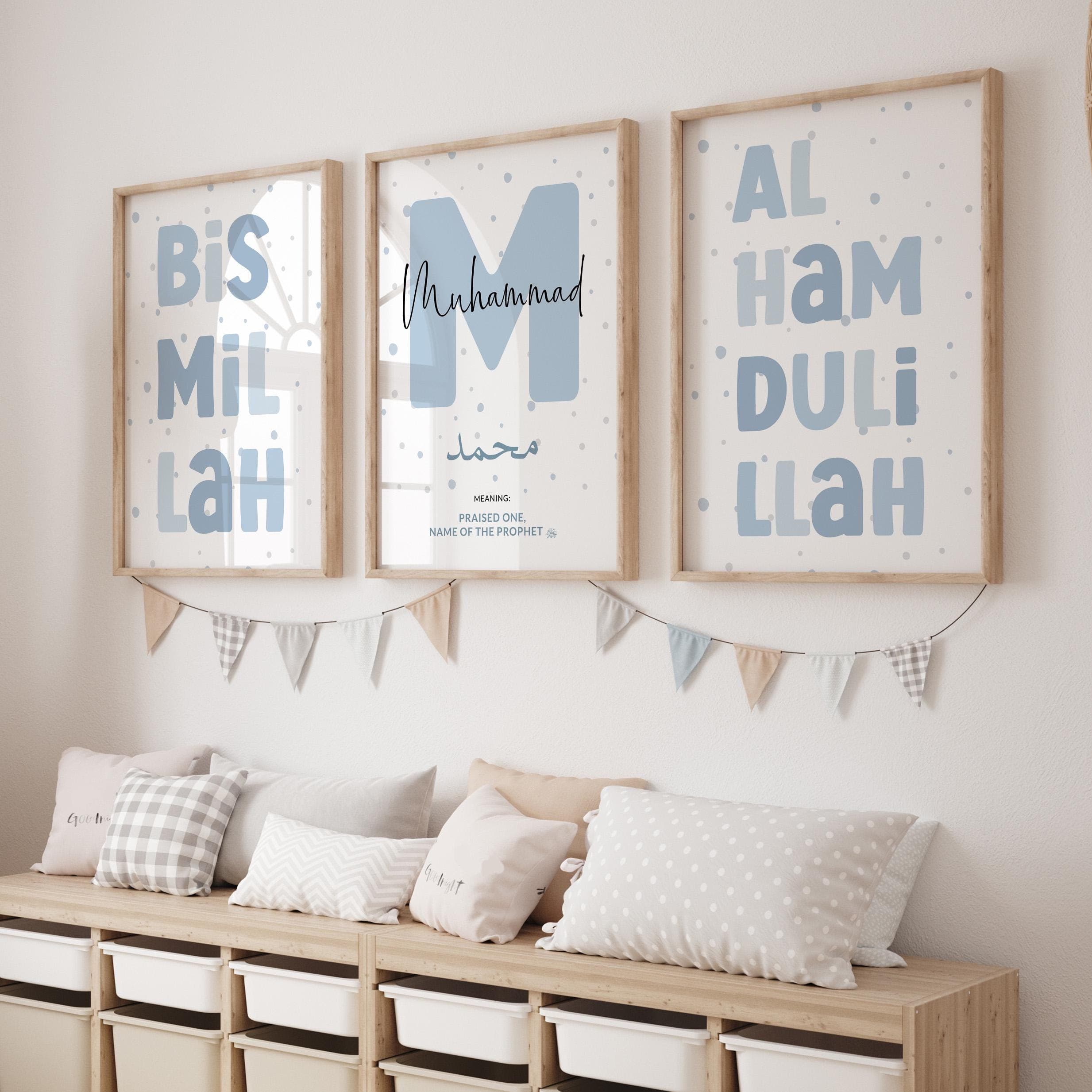 Set of 3 Islamic Wall Art Children DIGIAL DOWNLOAD, Personalised Eid Gifts Kids, Printable Light Blue Muslim Posters for Boy's Room Nursery