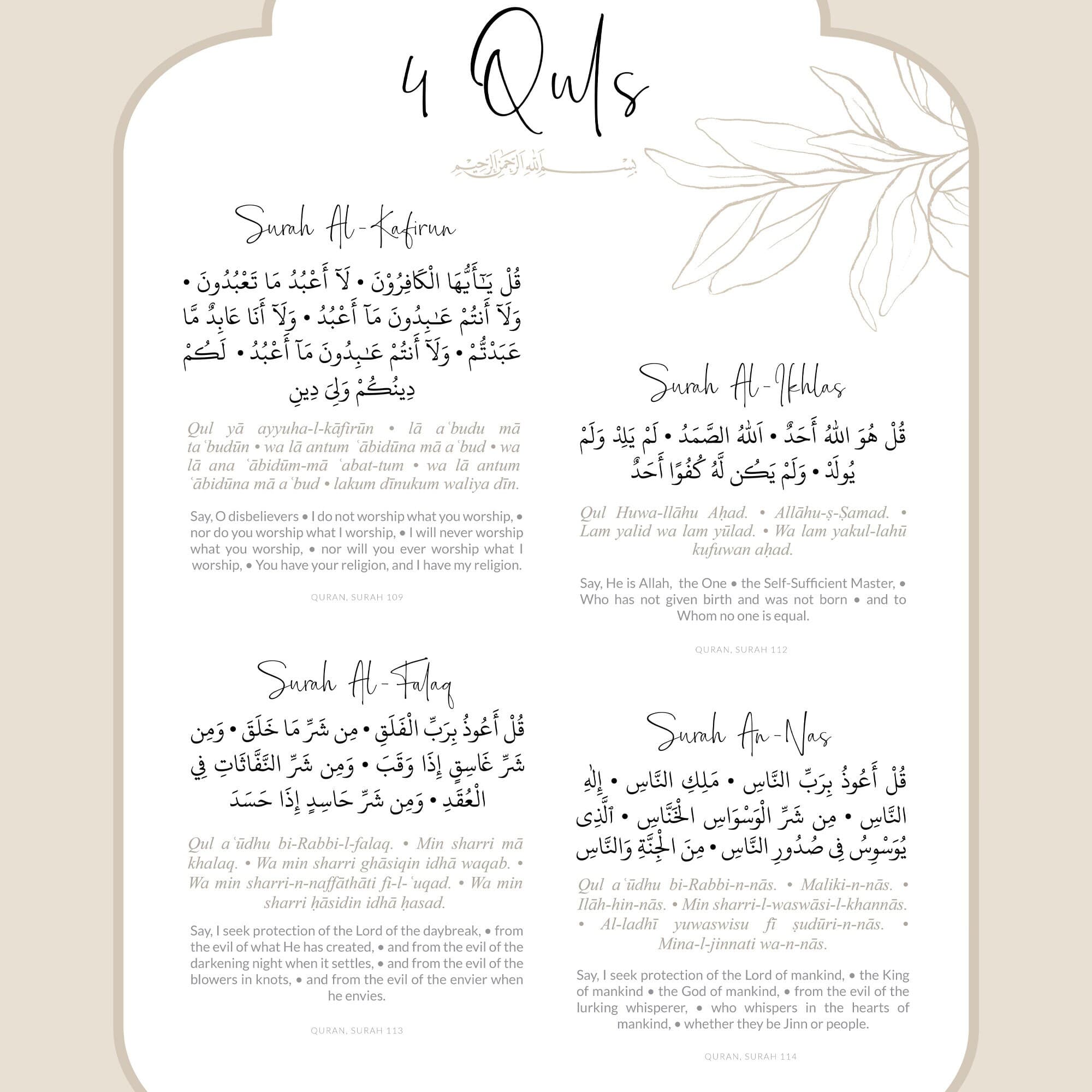 Wall art with the 4 Quls in Arabic, transliteration, and English translation, part of an Islamic digital download set. Features Surah Ikhlas, Surah Falaq, Surah Nas, Surah Kafirun.
