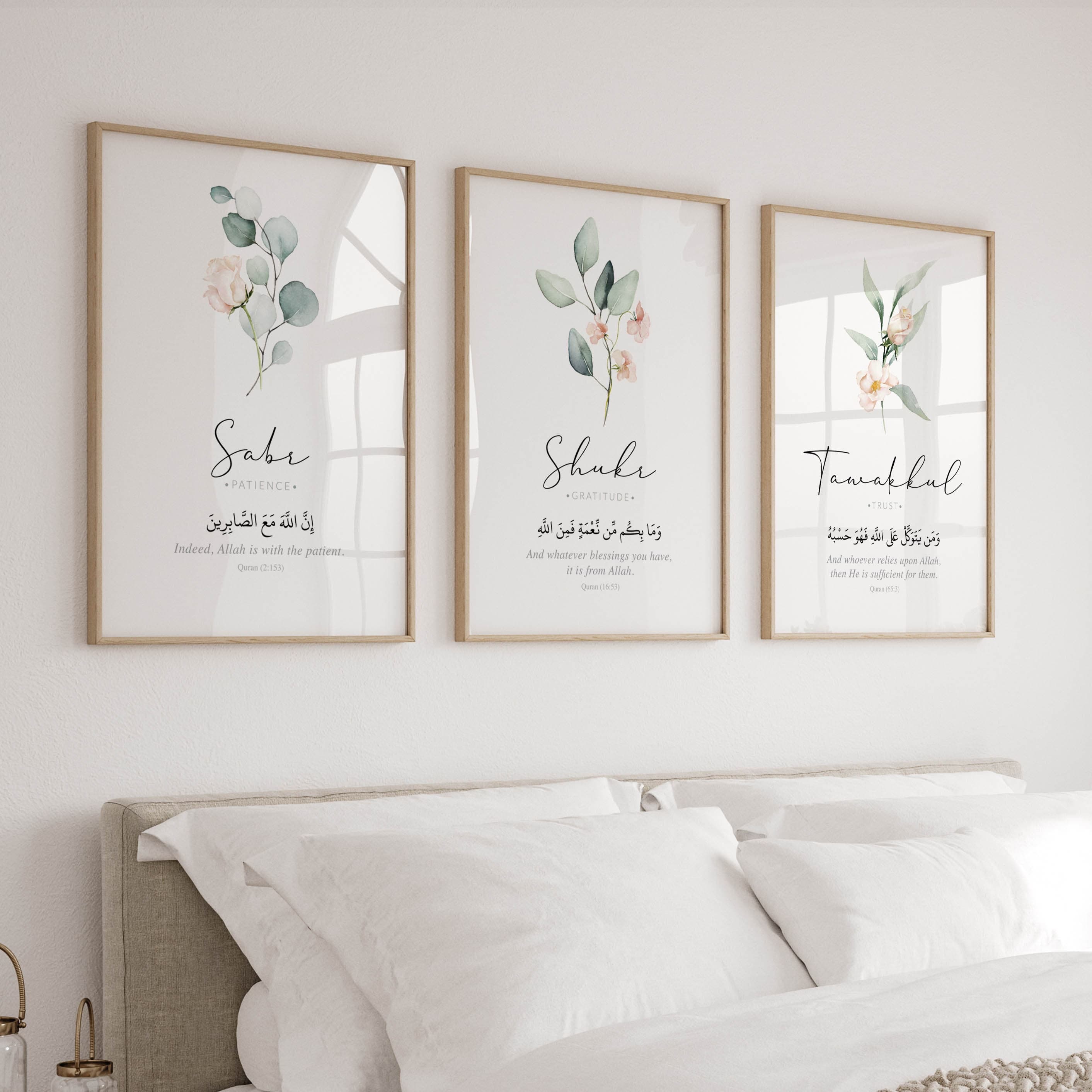 A serene bedroom with a three-piece wall art posterscollection that beautifully melds Islamic teachings with contemporary design, featuring Quran verses in delicate Arabic and English script. This is a digital download triptych artwork.