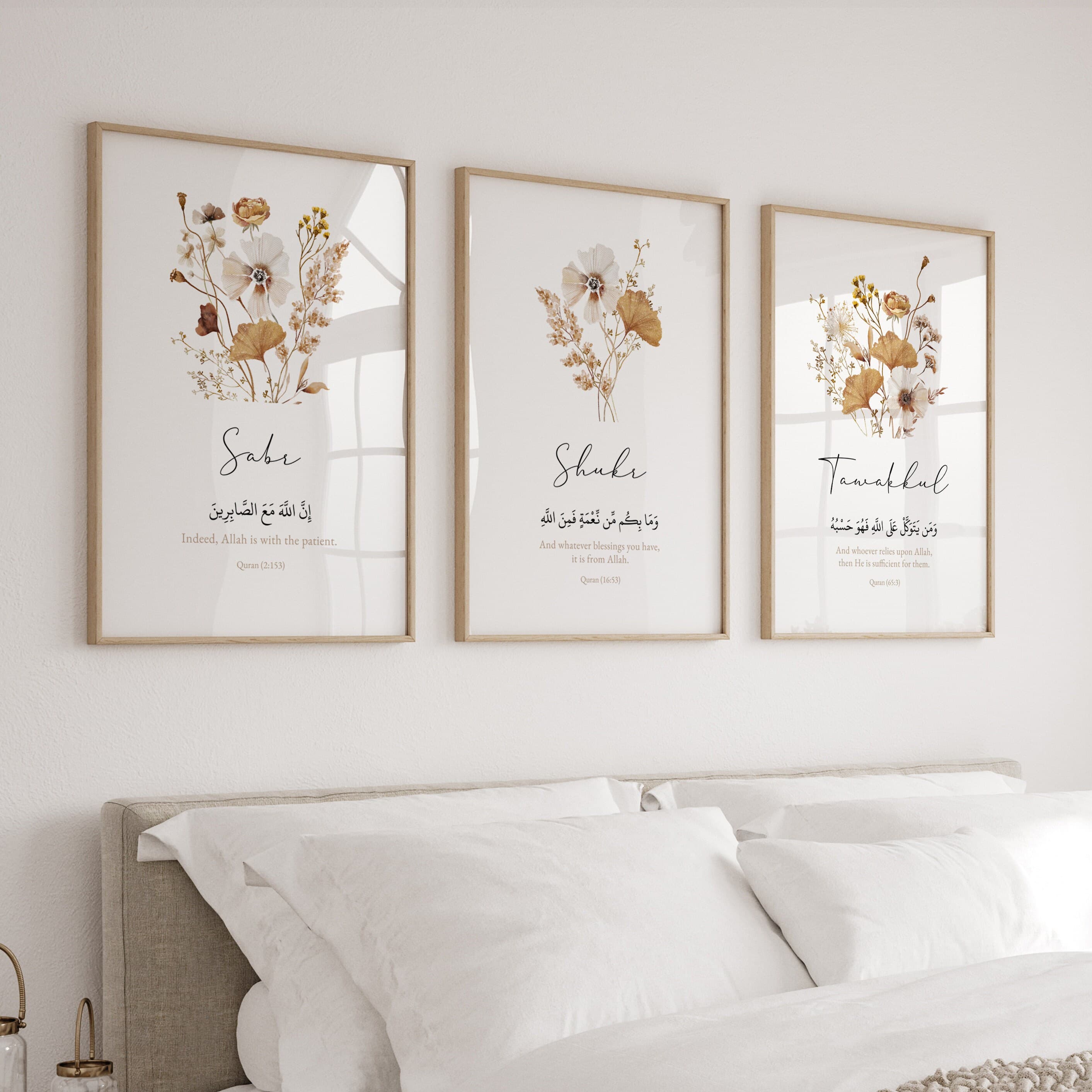 Printable Islamic wall art set with Sabr, Shukr, and Tawakkul quotes, designed in a modern, minimalist style.