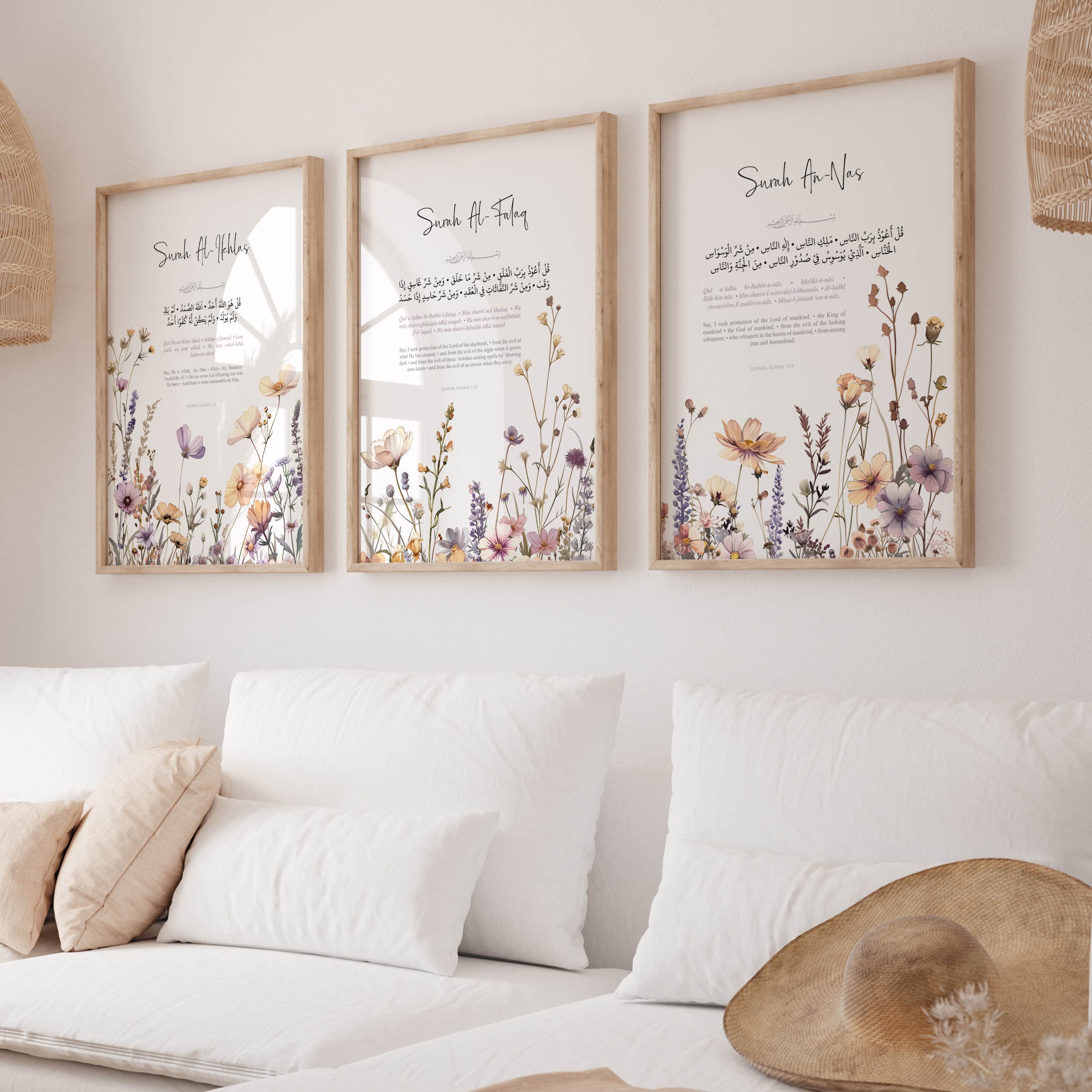 Quran Islamic Wall Art Digital Download, Set of 3 Muslim Posters and Prints, Islamic Gifts, Printable Three Quls Artwork Reverts Wildflowers - image 3