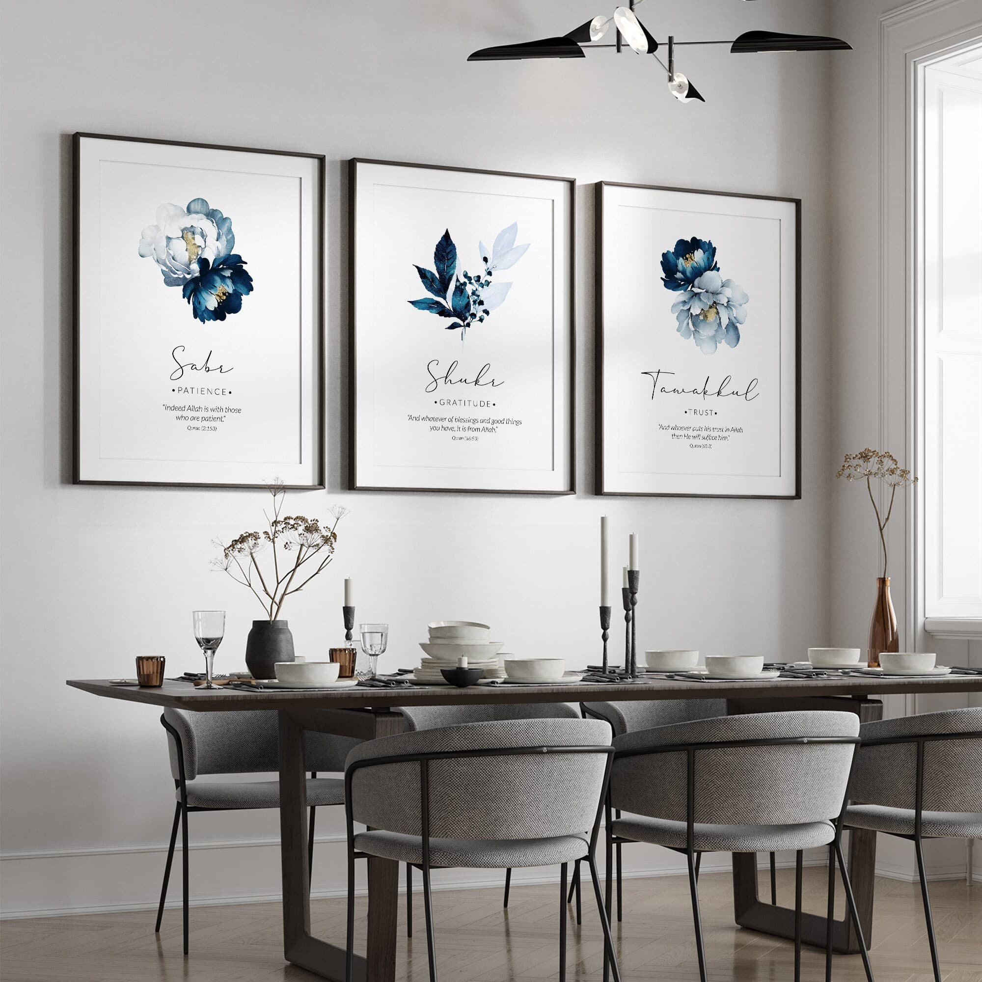 Islamic Wall Art Digital Download, Set of 3 Muslim Posters & Prints, Islamic Gifts, Navy Blue Printable Artwork Sabr Shukr Tawakkul Flowers - image 5