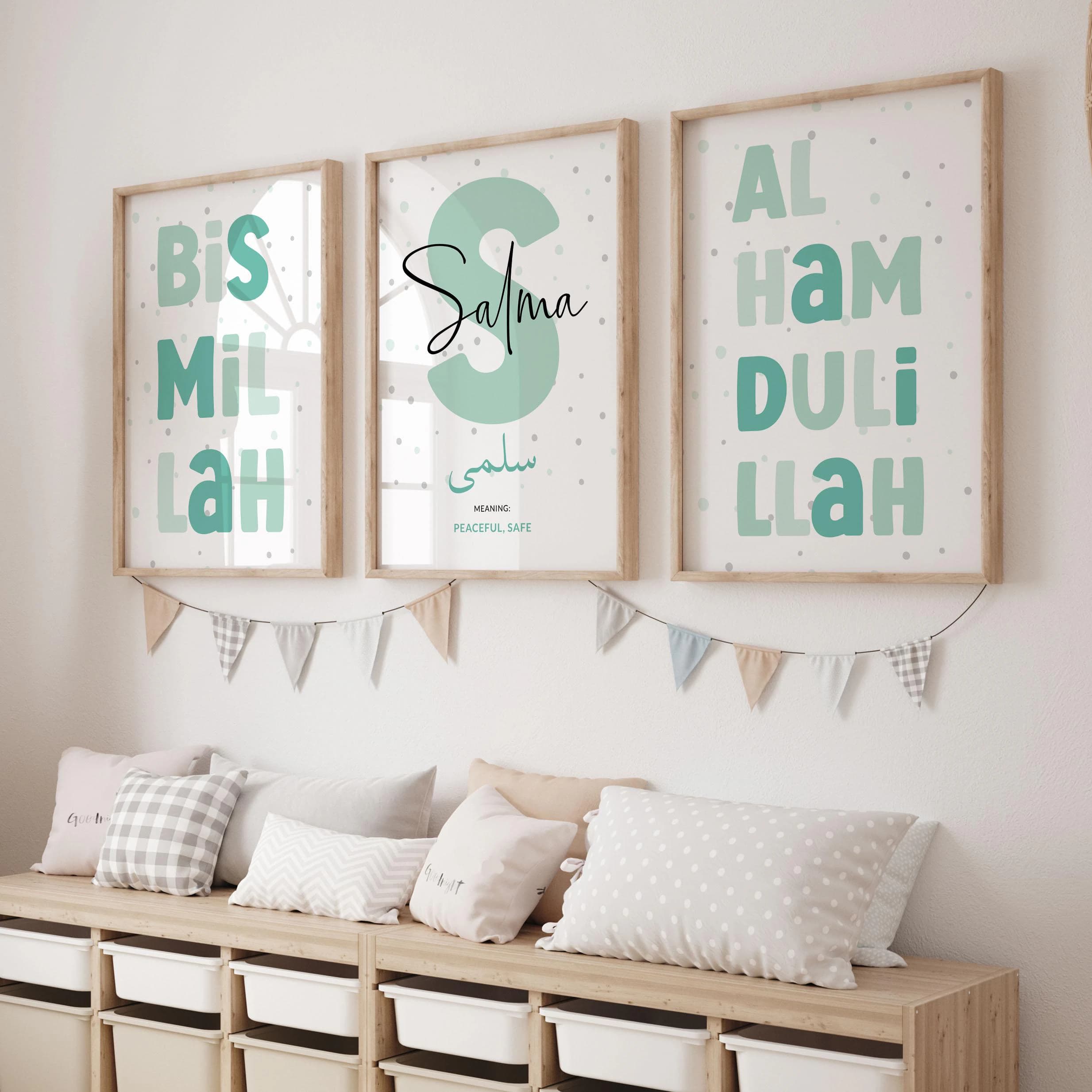 Set of 3 Islamic Wall Art Children DIGIAL DOWNLOAD, Personalised Eid Gifts Kids, Printable Mint Green Muslim Posters for Girls Room Nursery