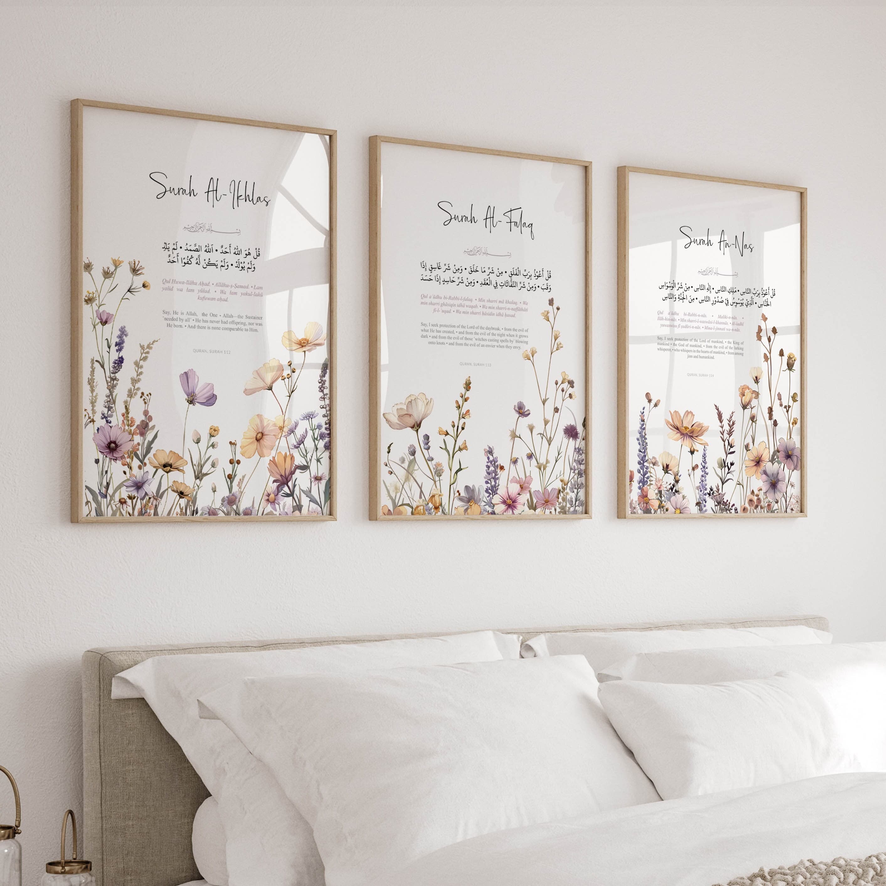 Quran Islamic Wall Art Digital Download, Set of 3 Muslim Posters and Prints, Islamic Gifts, Printable Three Quls Artwork Reverts Wildflowers