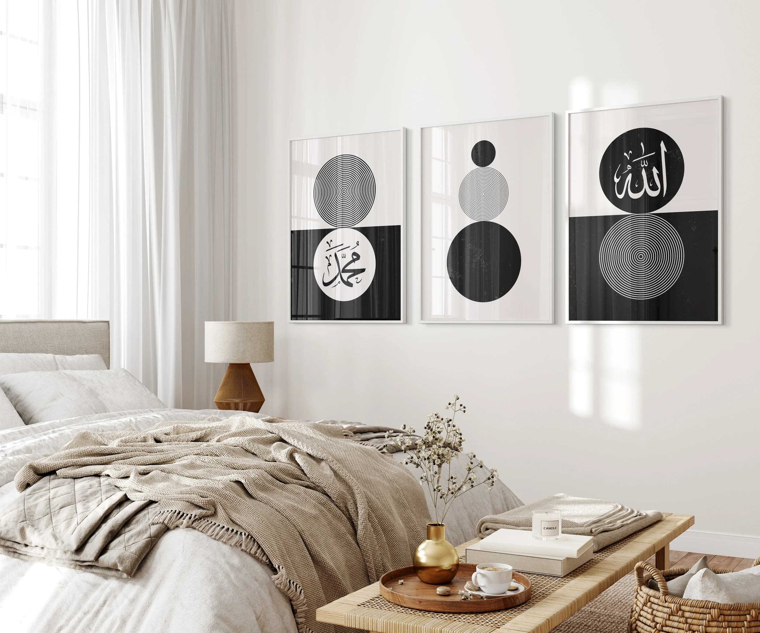 Premium Islamic Wall Art, Set of 3 Boho Black and White Circle Frame Prints, Allah And Muhammad, Art Deco, Muslim Home, Modern, Simple, D1 - image 4