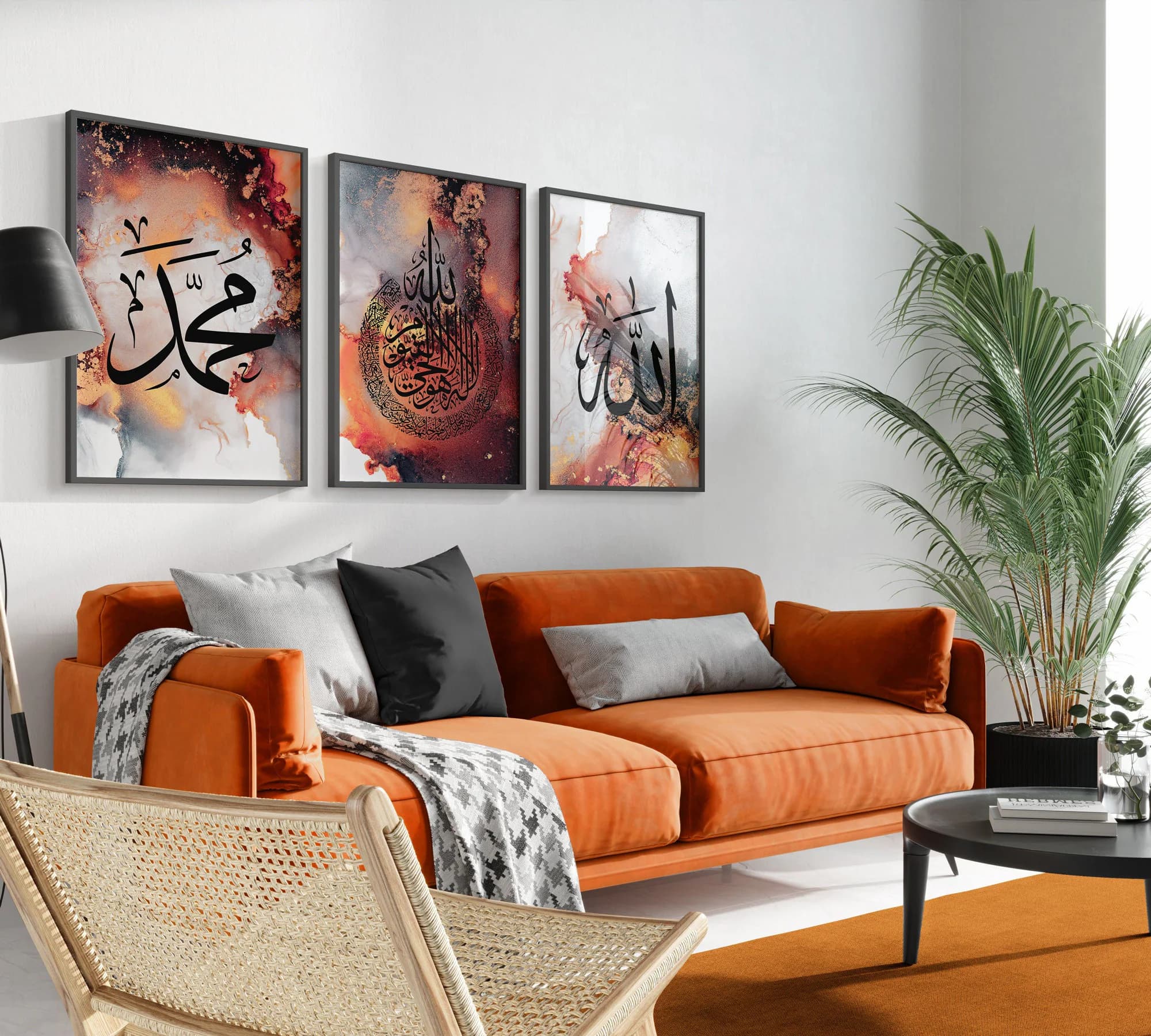 Islamic Wall Art Print, Set of 3 Premium Fire Red Orange Marble Allah, Ayatul Kursi and Muhammad Arabic Calligraphy, Home Wall, Art Deco D39 - image 4