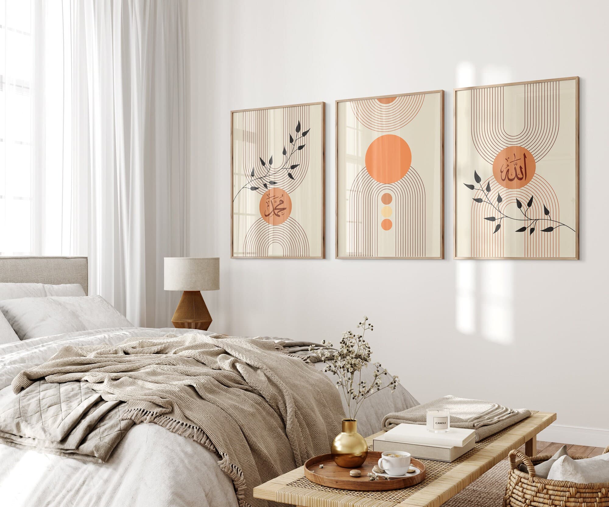 Islamic Wall Art Print, Set of 3 Premium Boho Maroon Black Orange Zikr Frame Prints, Allah And Muhammad, Home, Art Deco Muslim Home, D3 - image 3
