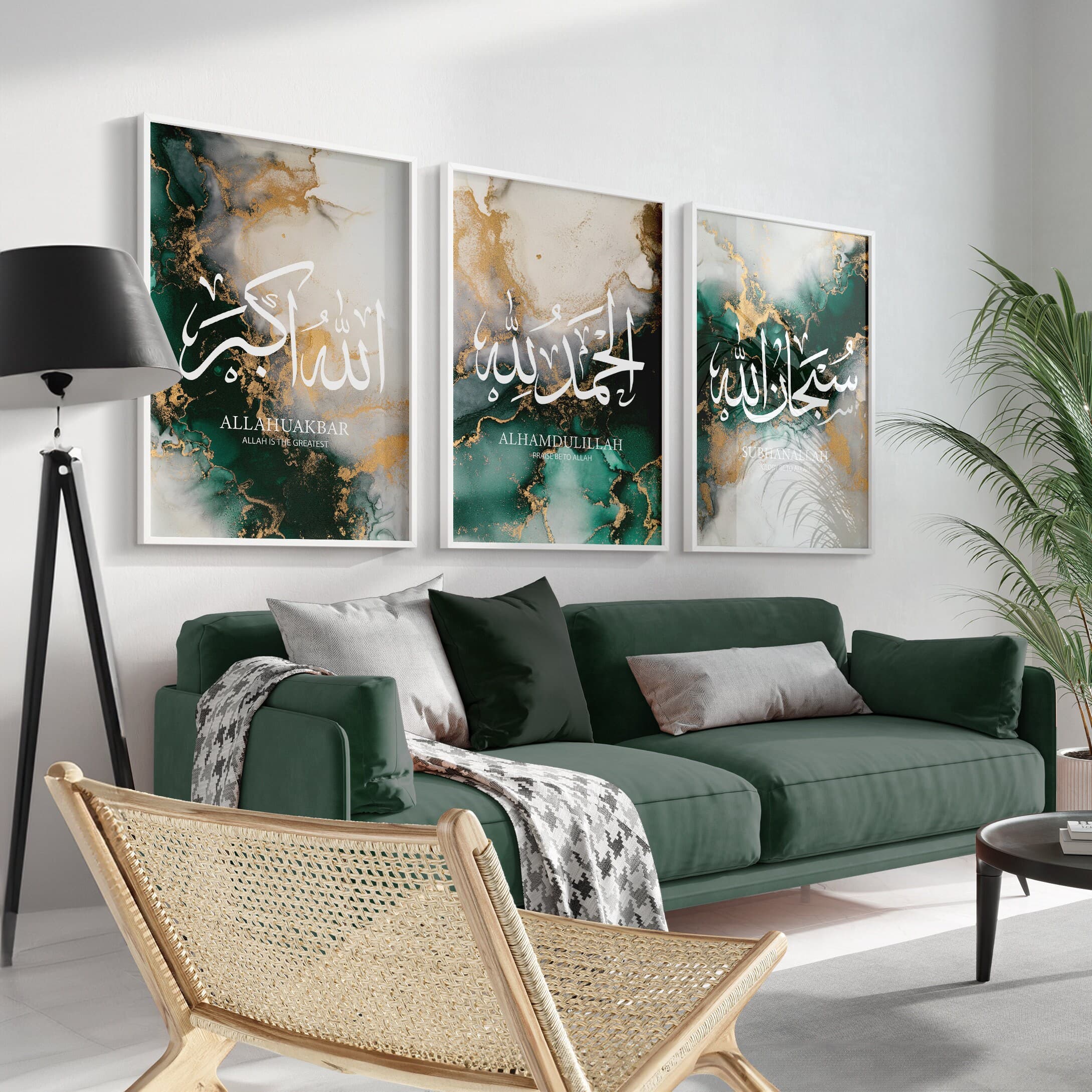 Premium Islamic Wall Art Print, Set of 3 Green Marble SubhanAllah Alhamdulillah & AllahuAkbar, Living Room Bedroom, Home Kitchen Wall D77 - image 5