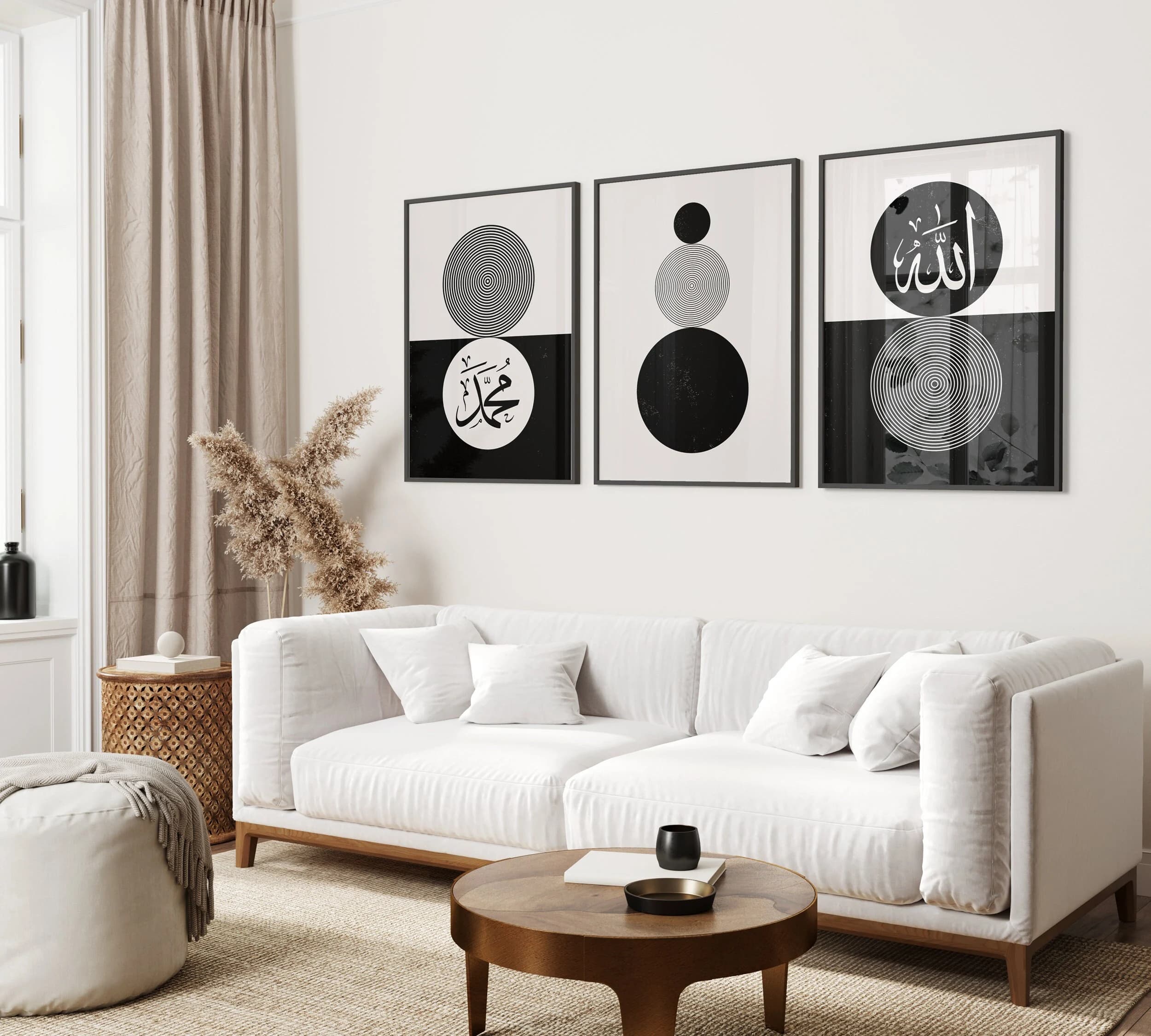 Premium Islamic Wall Art, Set of 3 Boho Black and White Circle Frame Prints, Allah And Muhammad, Art Deco, Muslim Home, Modern, Simple, D1 - image 3