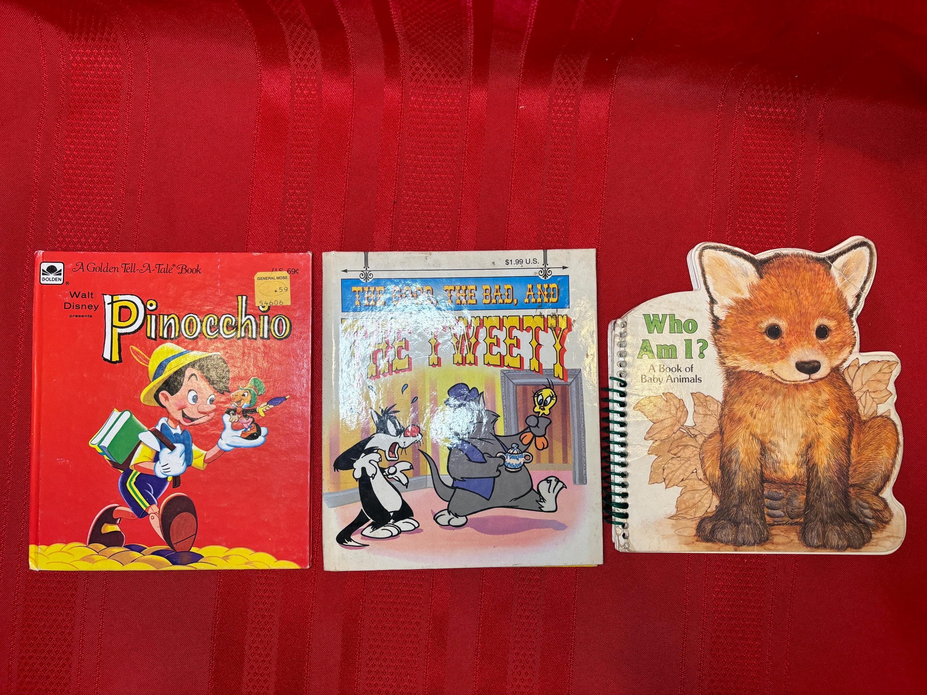 Vintage Children’s Book Bundle, Pinocchio, The Good, The Bad, and The Tweety, and Who Am I? Hardcover Books,