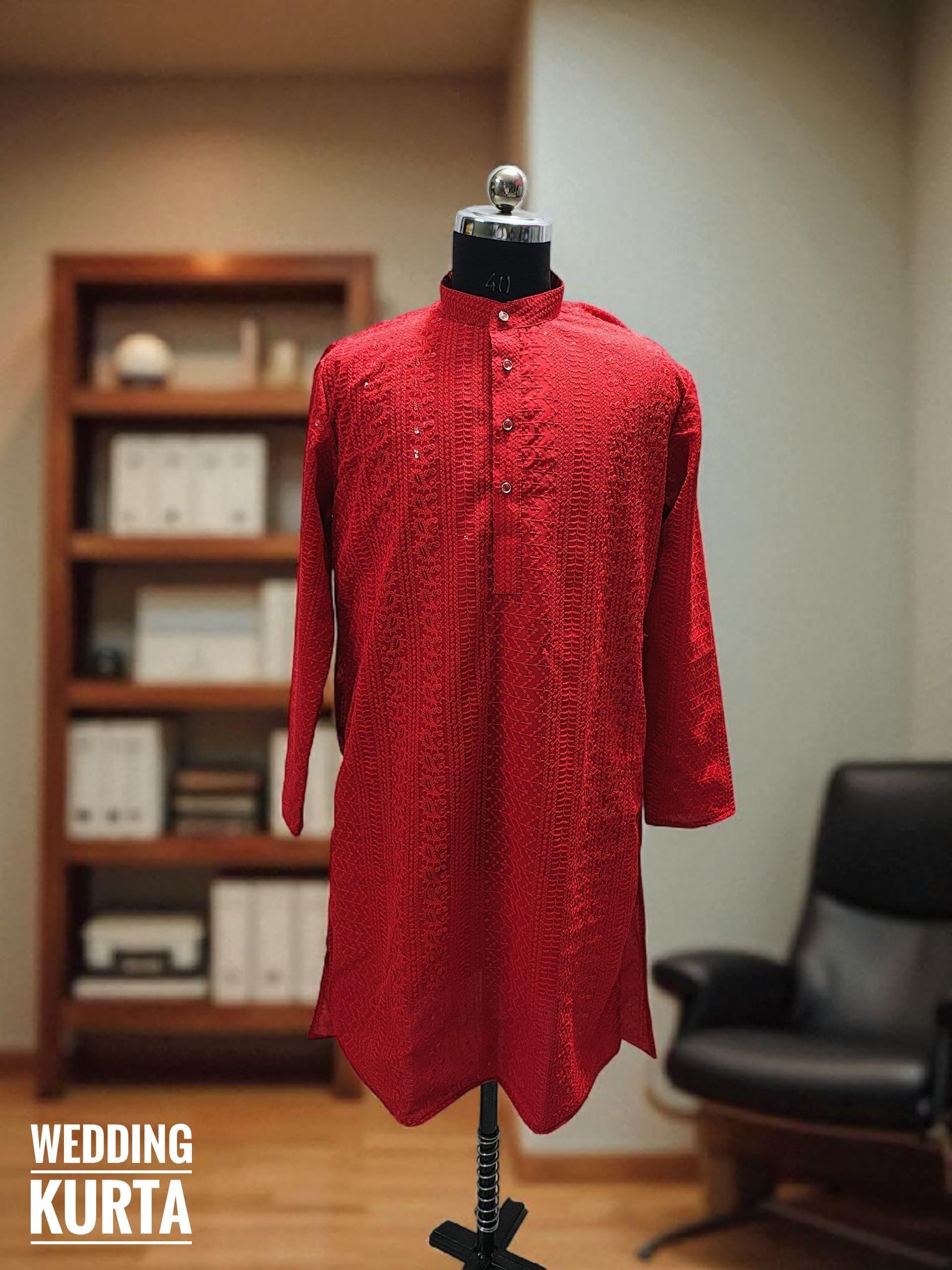 Mens Maroon Kurta Set: Sequins & Embroidery with White Pajama