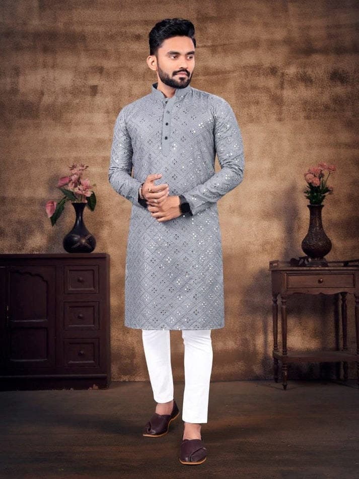 Yellow Cotton Chikankari Kurta Pajama Set: Embroidered Mirror Work - image 5