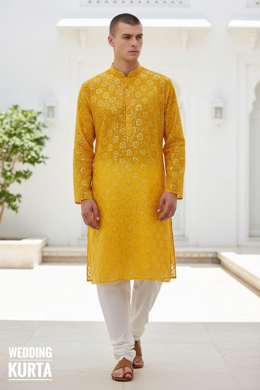 Haldi Yellow Sequined Man Kurta Pyjama Set - Mehndi Function Dress For Men