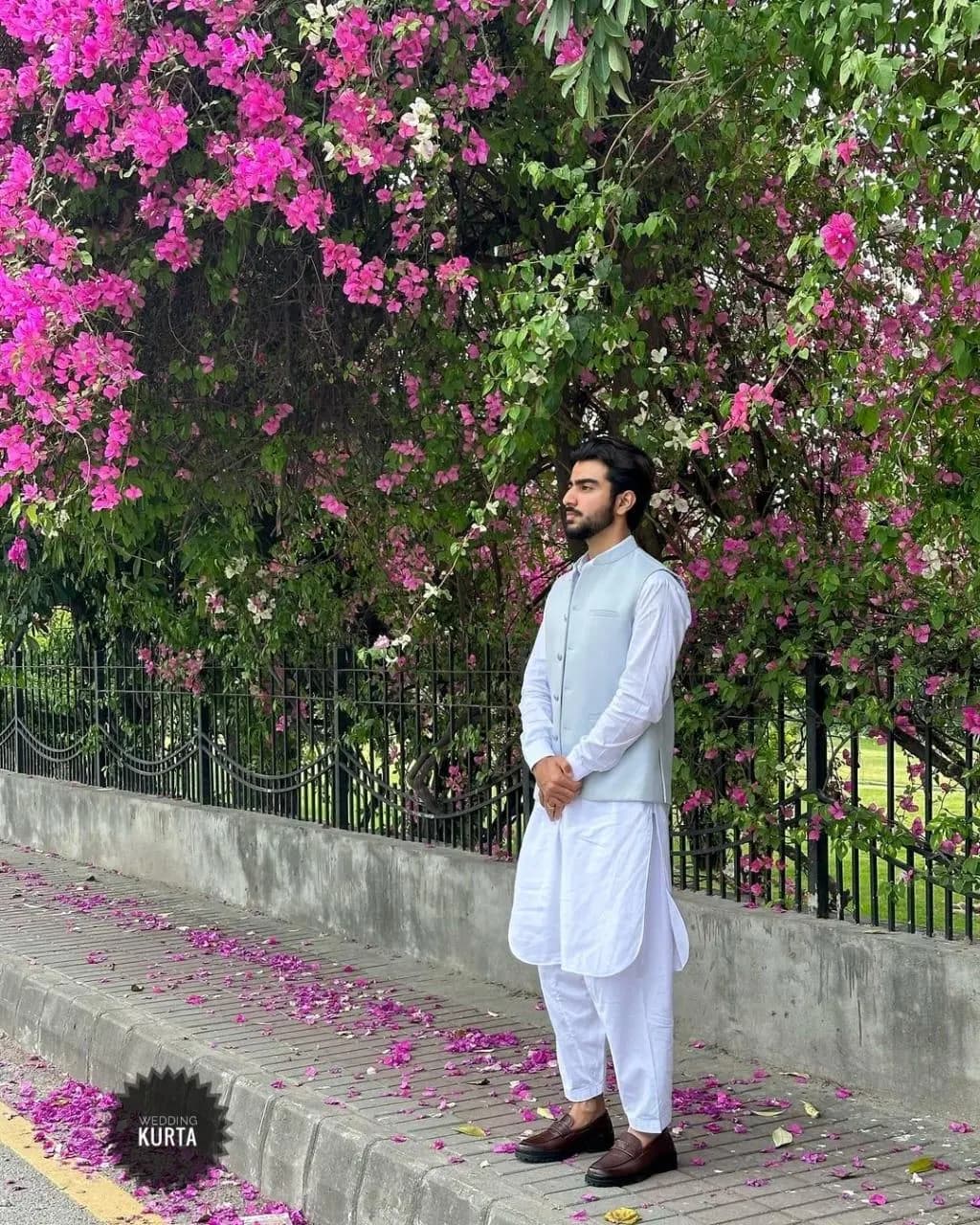 Men's Kurta Pajama Set: Gray Nehru Jacket, White Silk-Cotton Blend - image 3