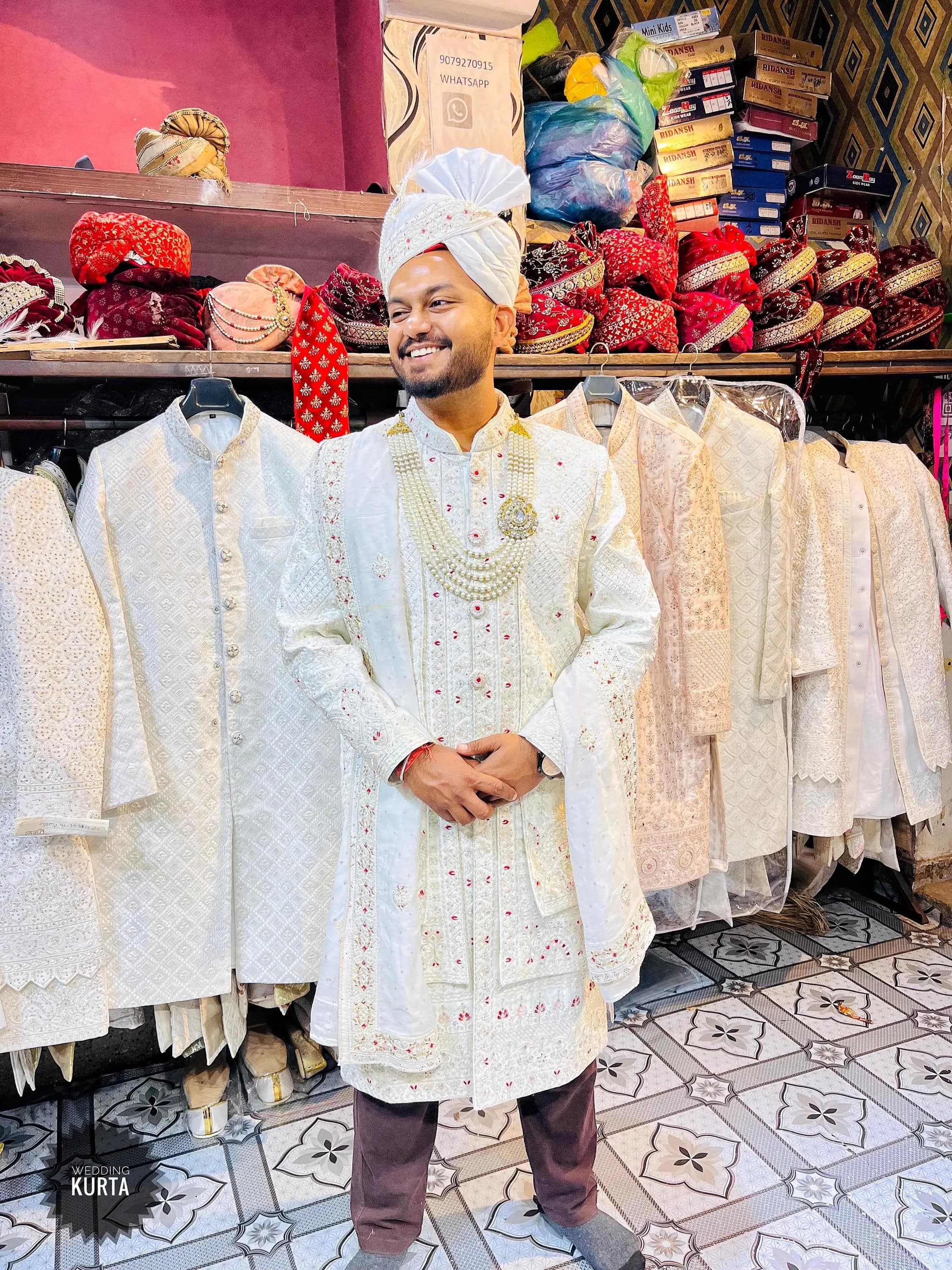 White Embroidered Sherwani: Turban, Mala & Dupatta - Groom Wedding Outfit - image 3