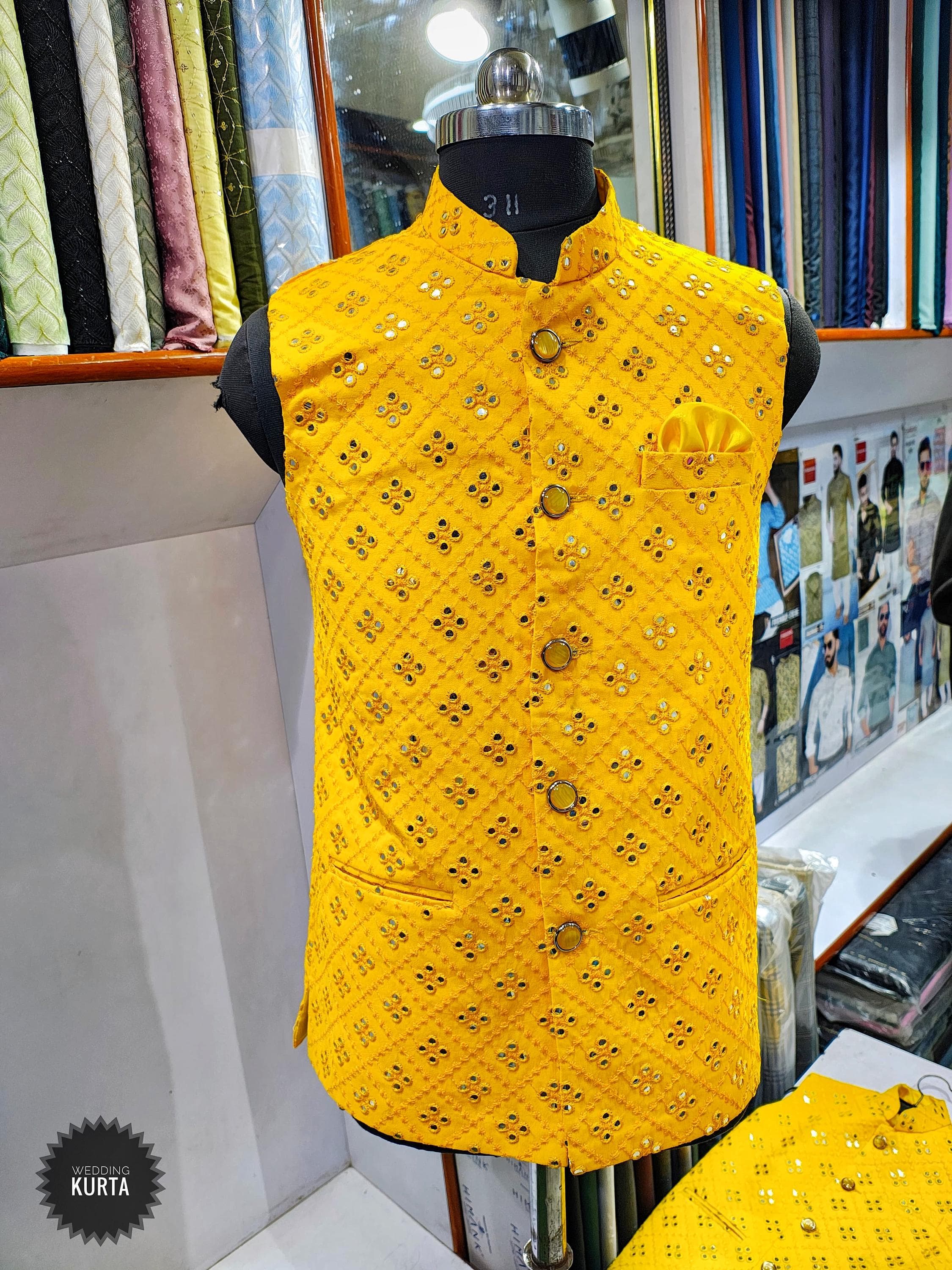 Custom Chikankari Embroidered Nehru Jacket: Yellow Georgette Men's Vest